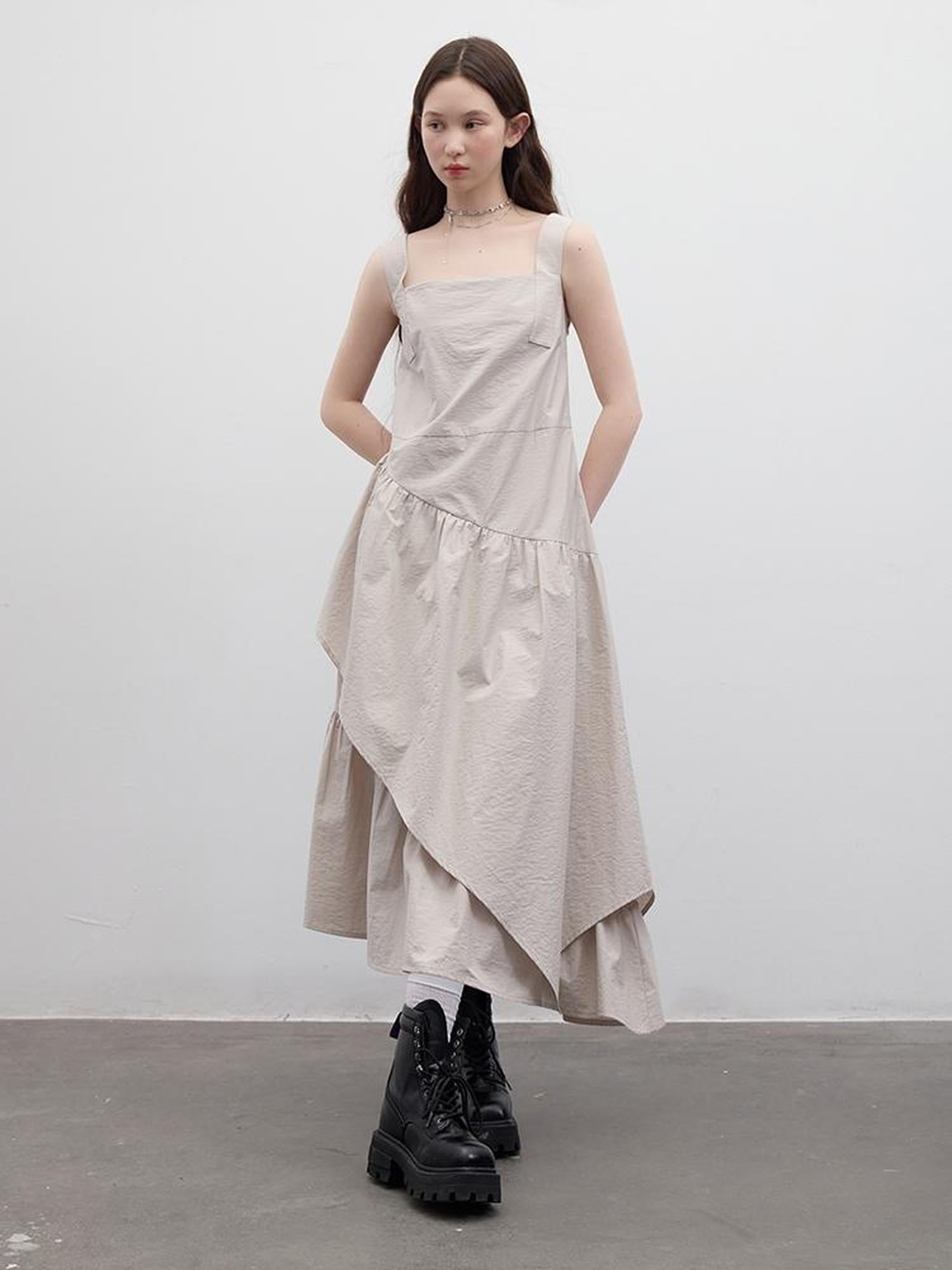 FUSSED Fussed 25ss Textured Paper Feel Layered Lavender Asymmetrical Dress