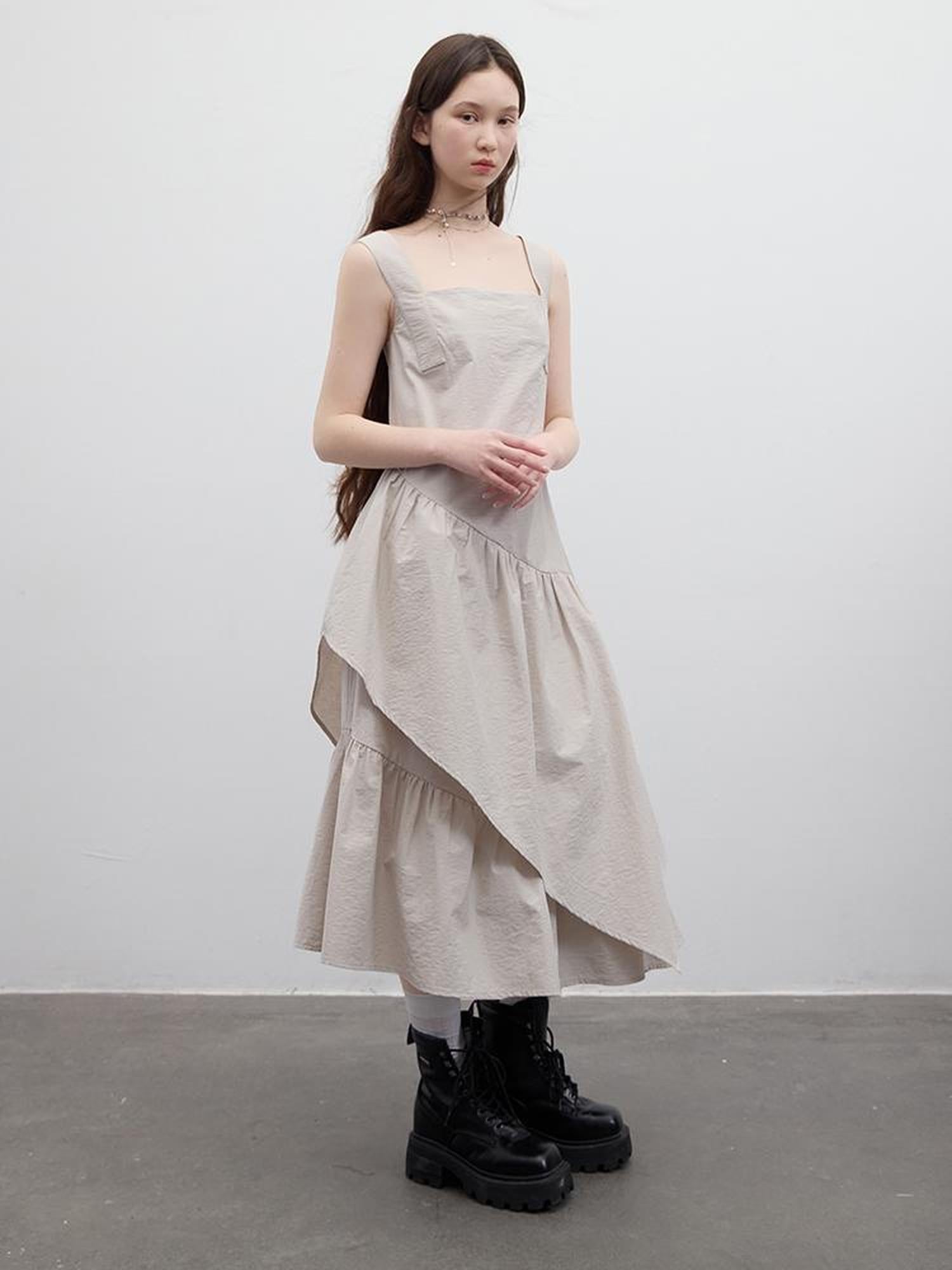 FUSSED Fussed 25ss Textured Paper Feel Layered Lavender Asymmetrical Dress