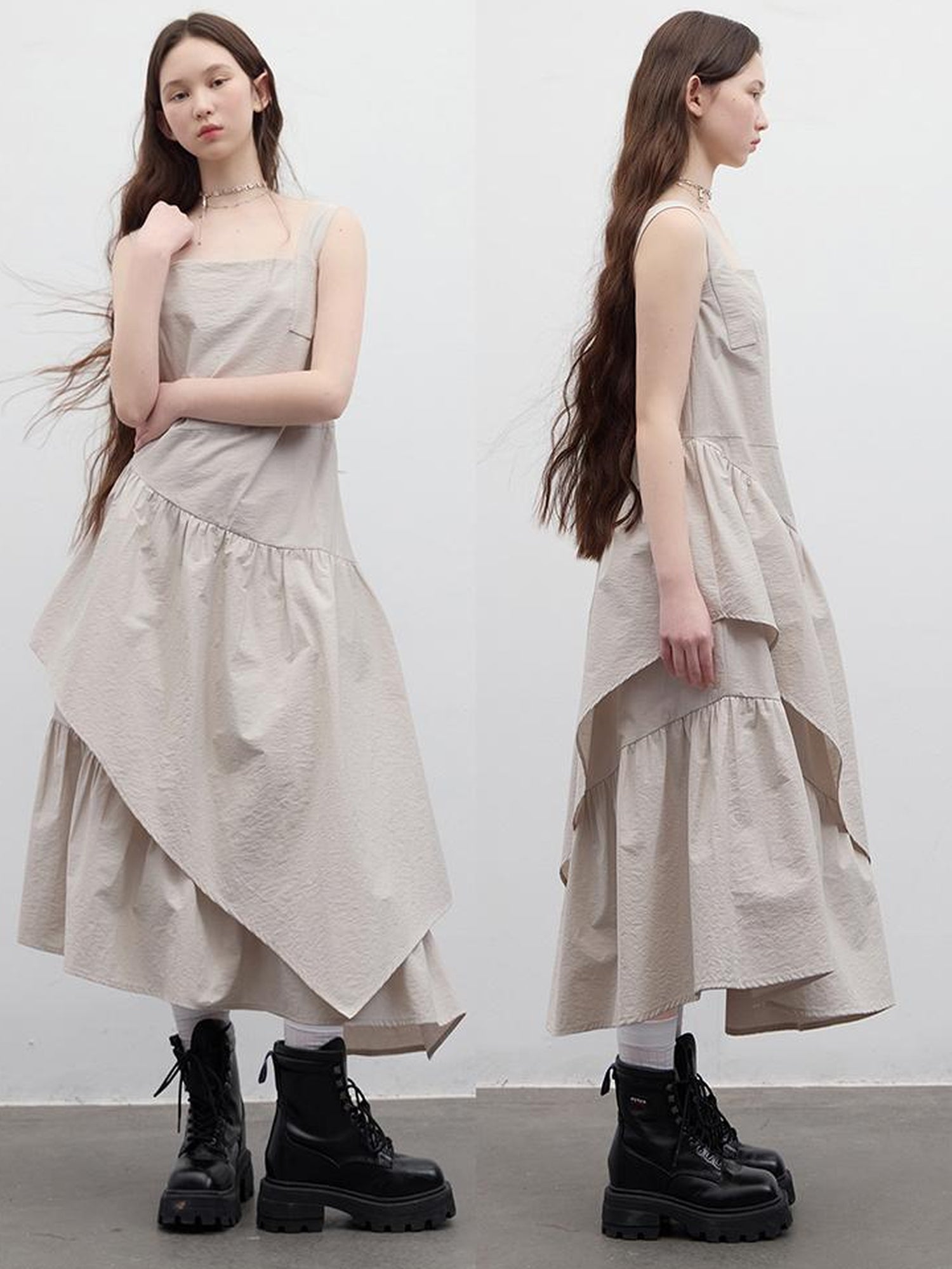 FUSSED Fussed 25ss Textured Paper Feel Layered Lavender Asymmetrical Dress