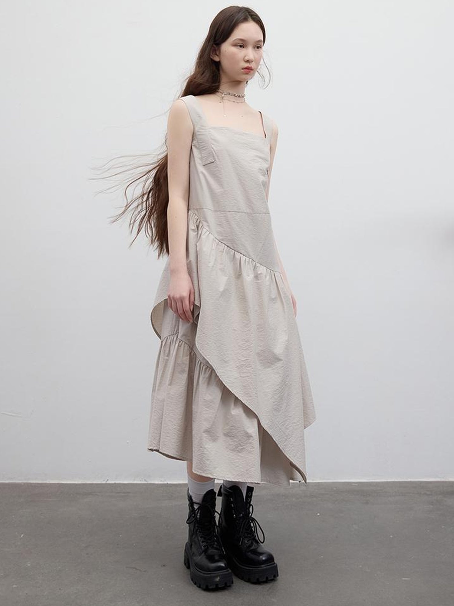FUSSED Fussed 25ss Textured Paper Feel Layered Lavender Asymmetrical Dress