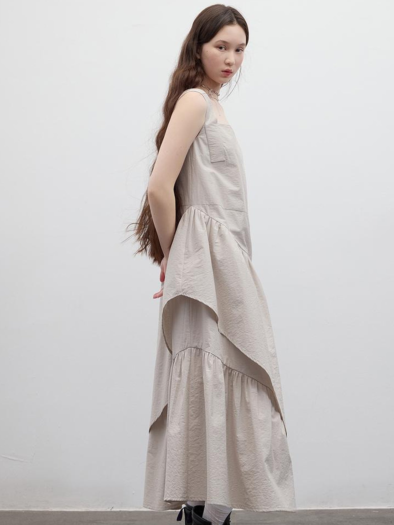 FUSSED Fussed 25ss Textured Paper Feel Layered Lavender Asymmetrical Dress