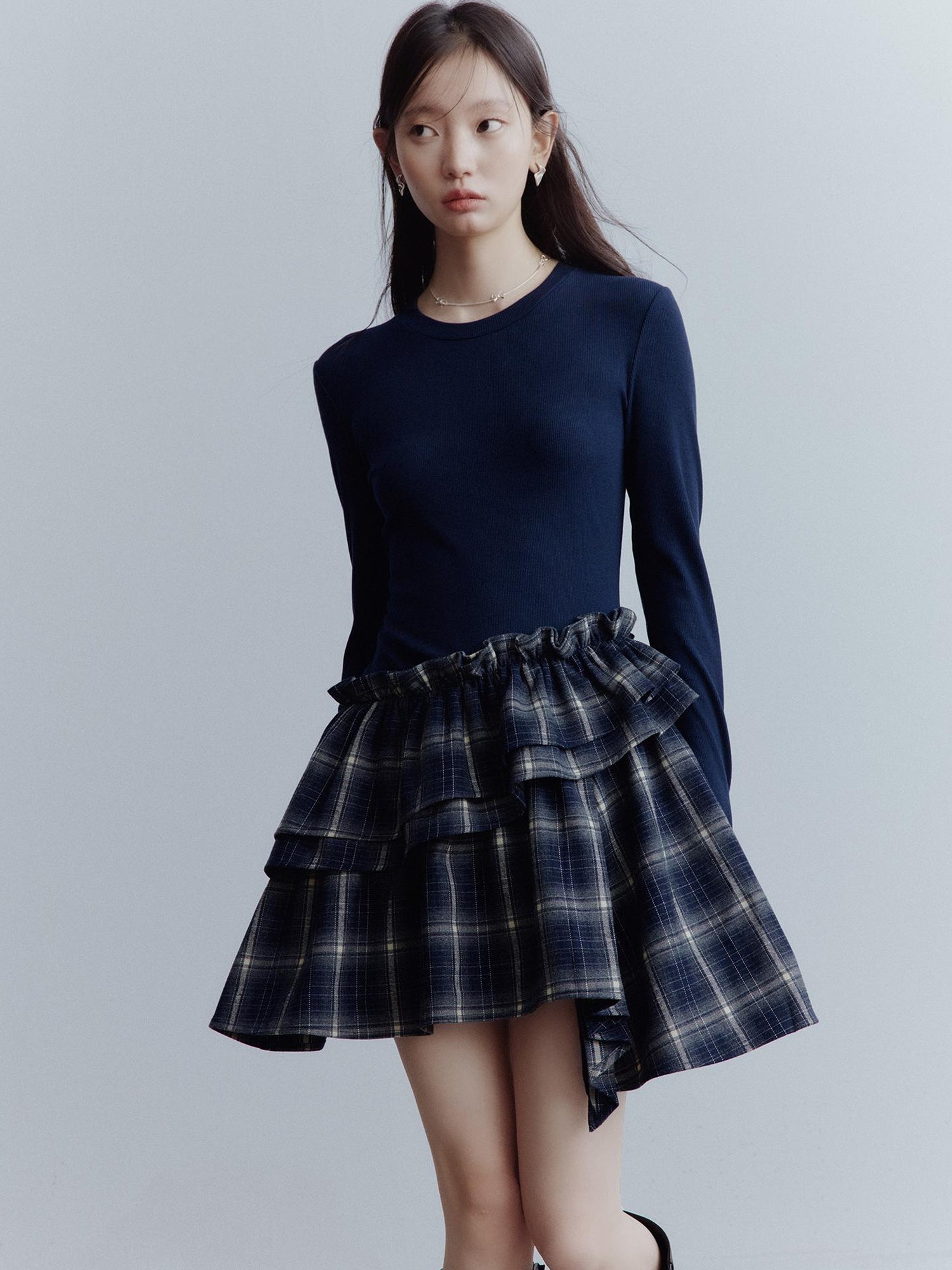 FUSSED Fussed Asymmetric Hem Plaid Paneled Knit Dress