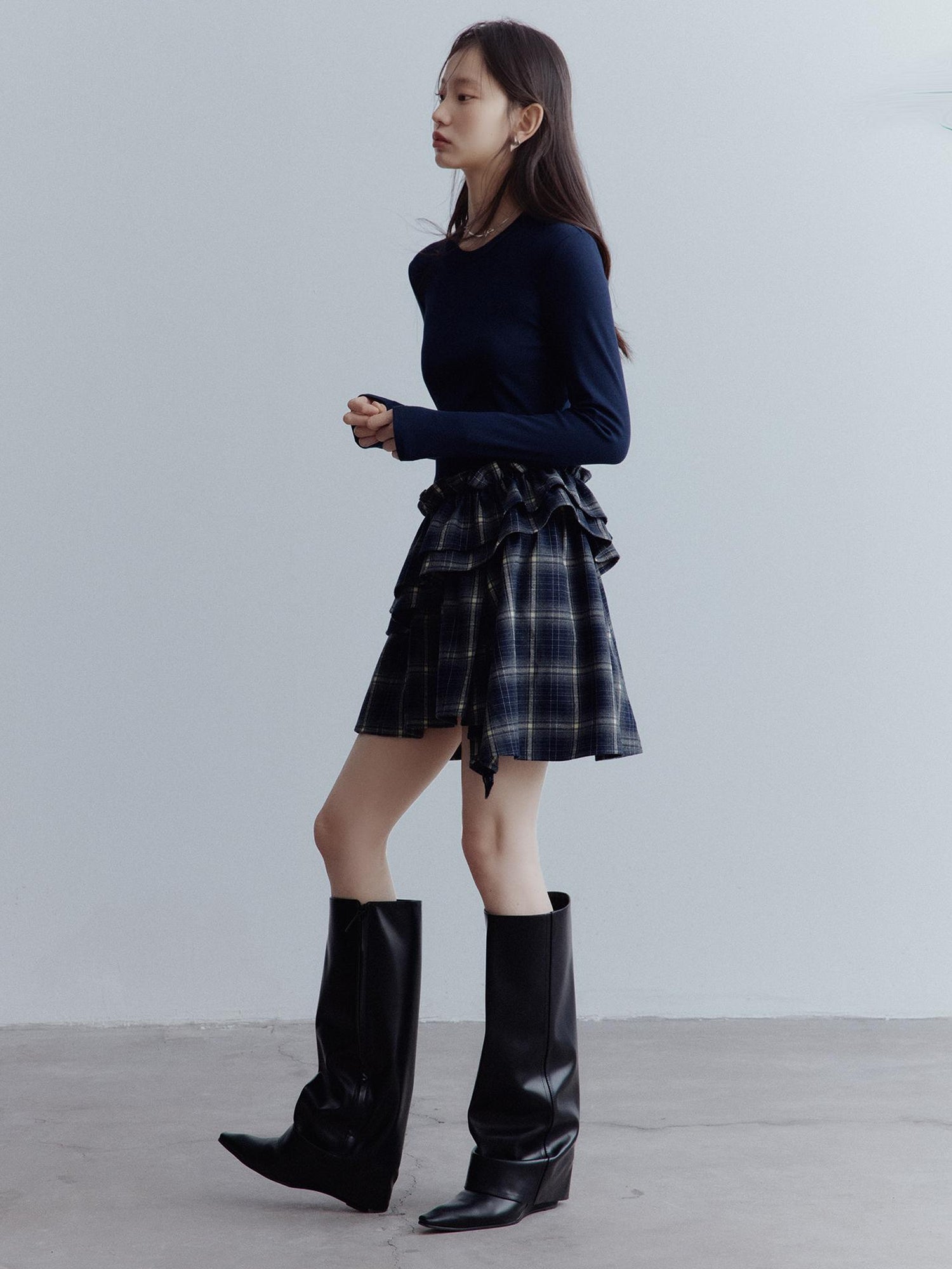 FUSSED Fussed Asymmetric Hem Plaid Paneled Knit Dress