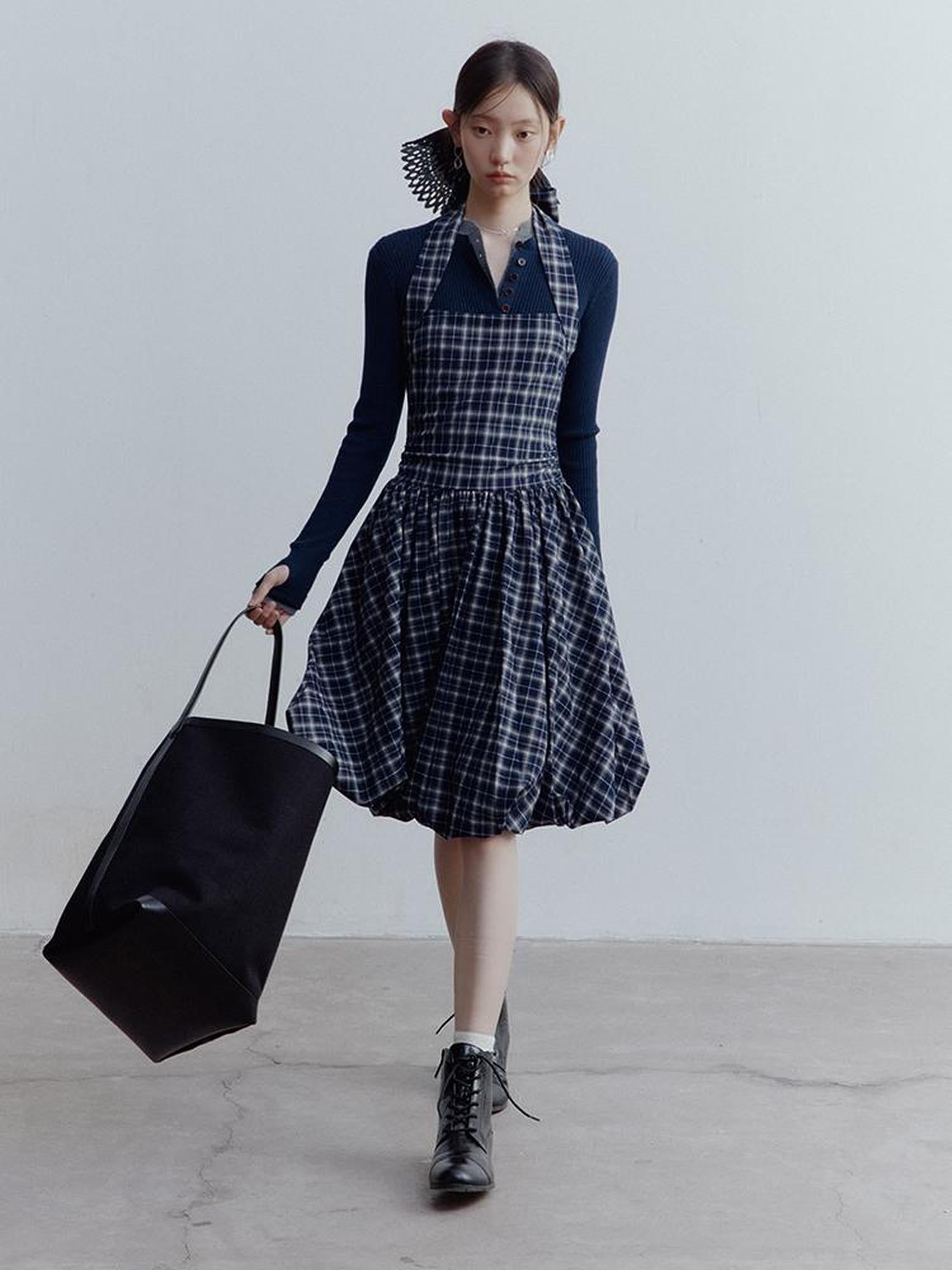 FUSSED Fussed Blue Scottish Plaid Halter Neck Dress with Ruffle Back and Pockets