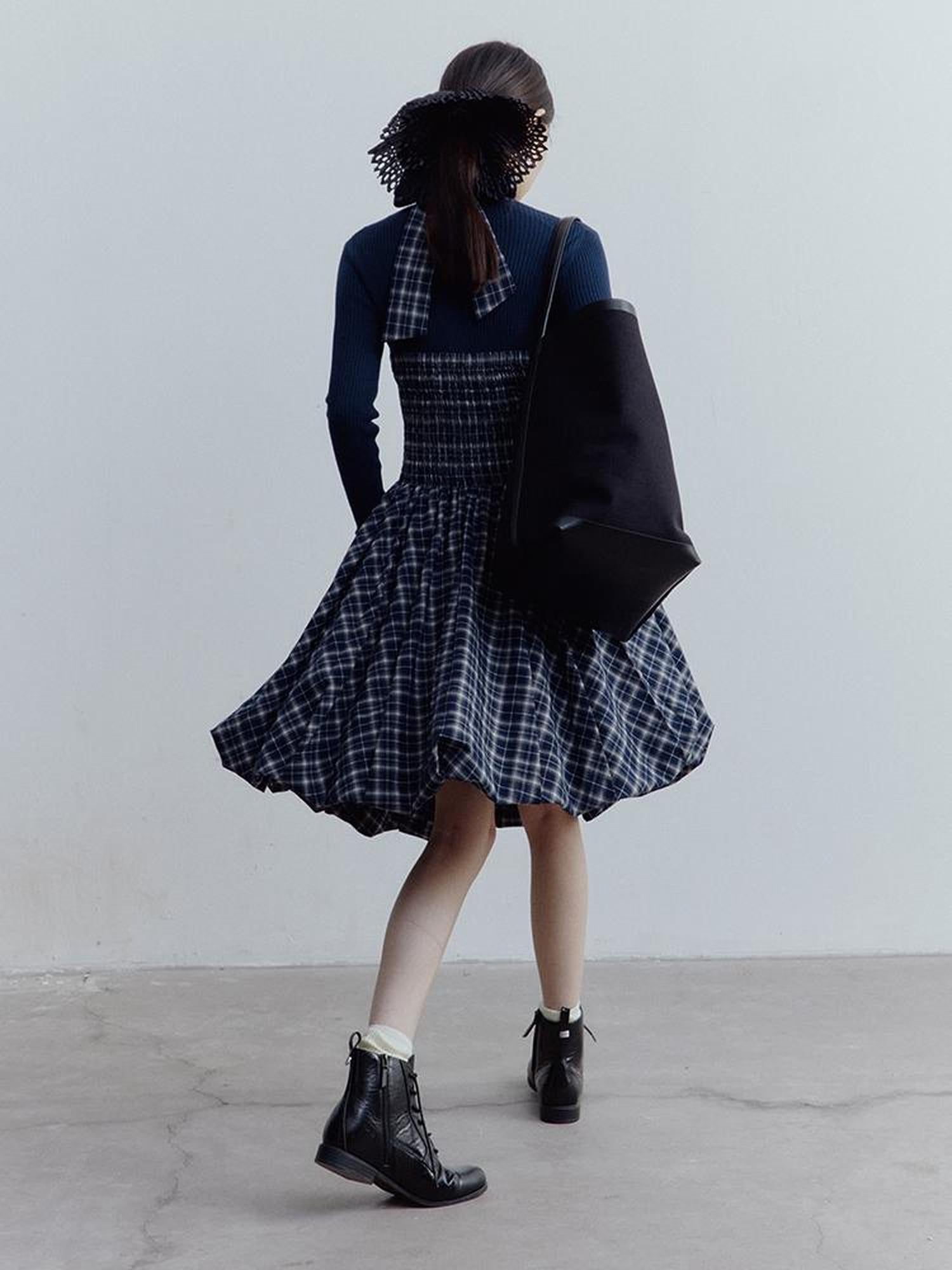 FUSSED Fussed Blue Scottish Plaid Halter Neck Dress with Ruffle Back and Pockets