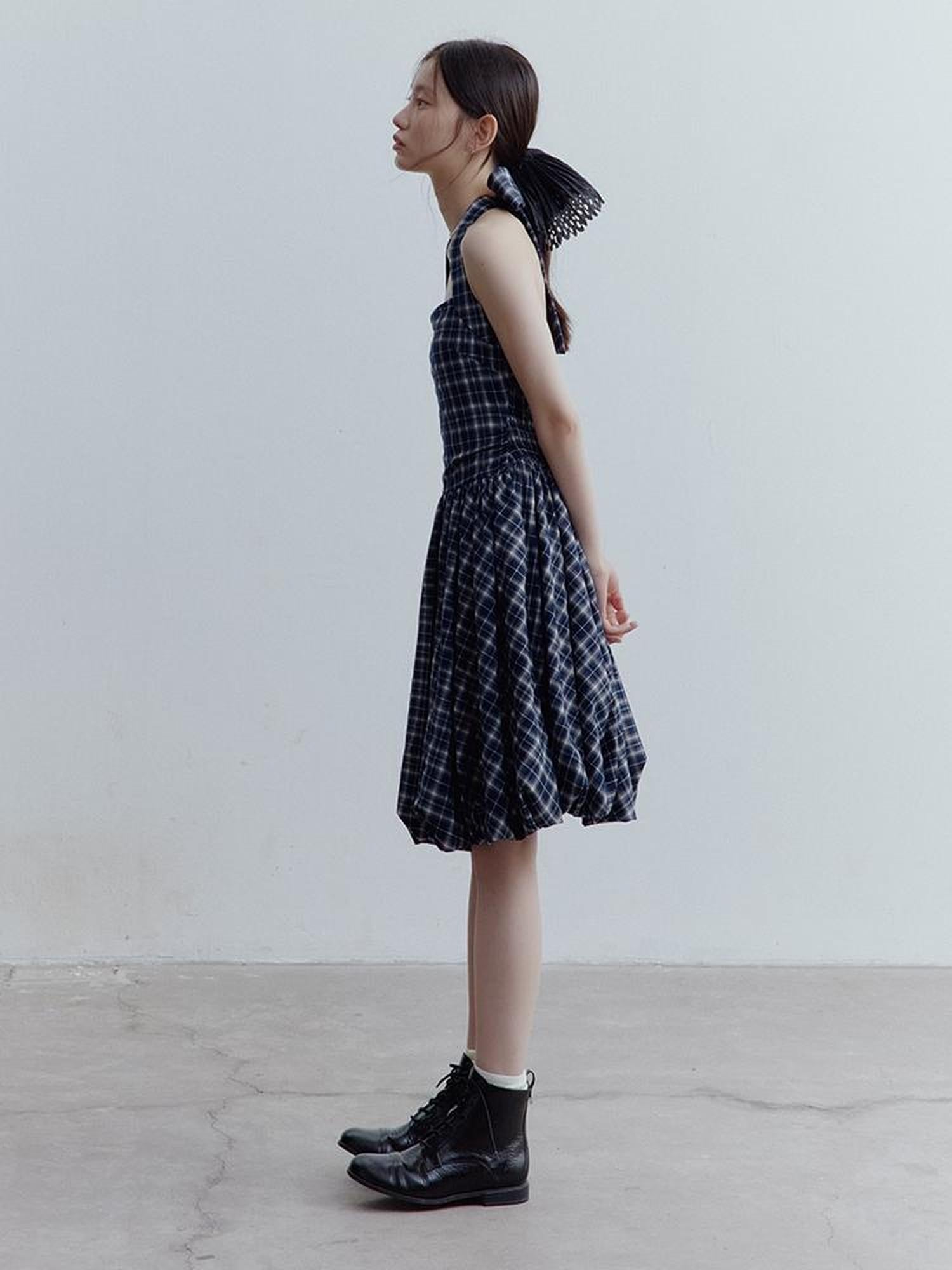 FUSSED Fussed Blue Scottish Plaid Halter Neck Dress with Ruffle Back and Pockets