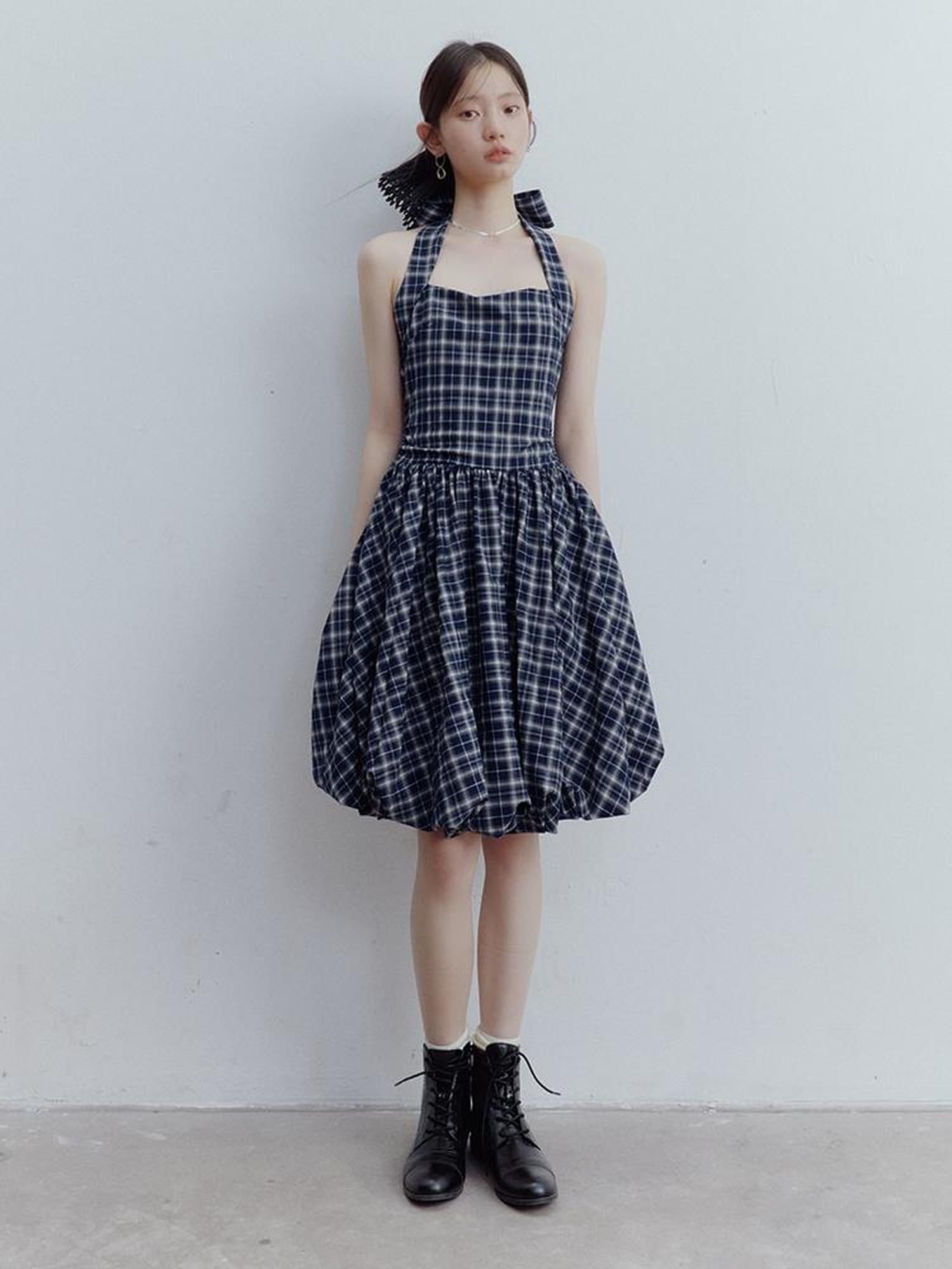 FUSSED Fussed Blue Scottish Plaid Halter Neck Dress with Ruffle Back and Pockets