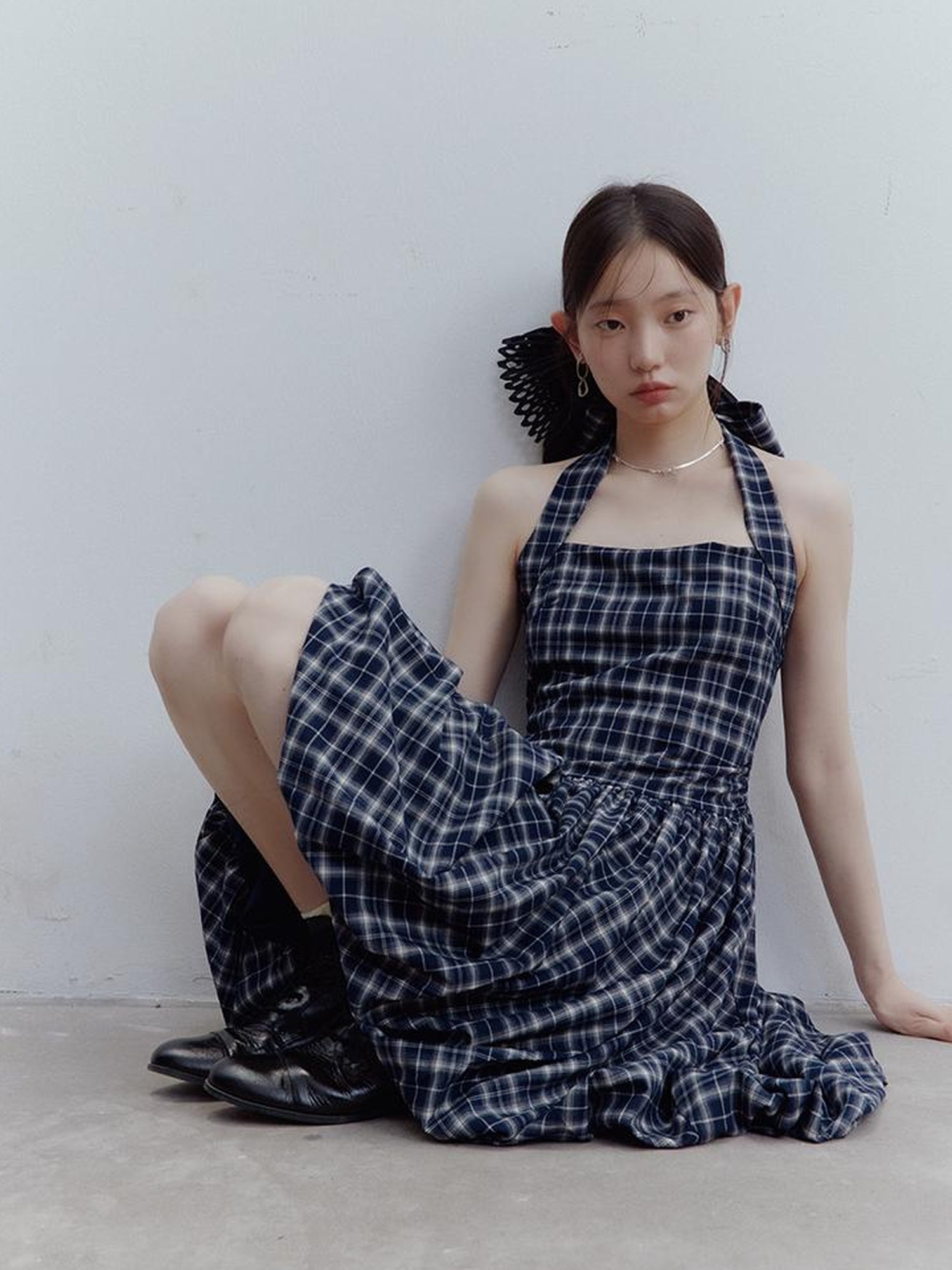 FUSSED Fussed Blue Scottish Plaid Halter Neck Dress with Ruffle Back and Pockets