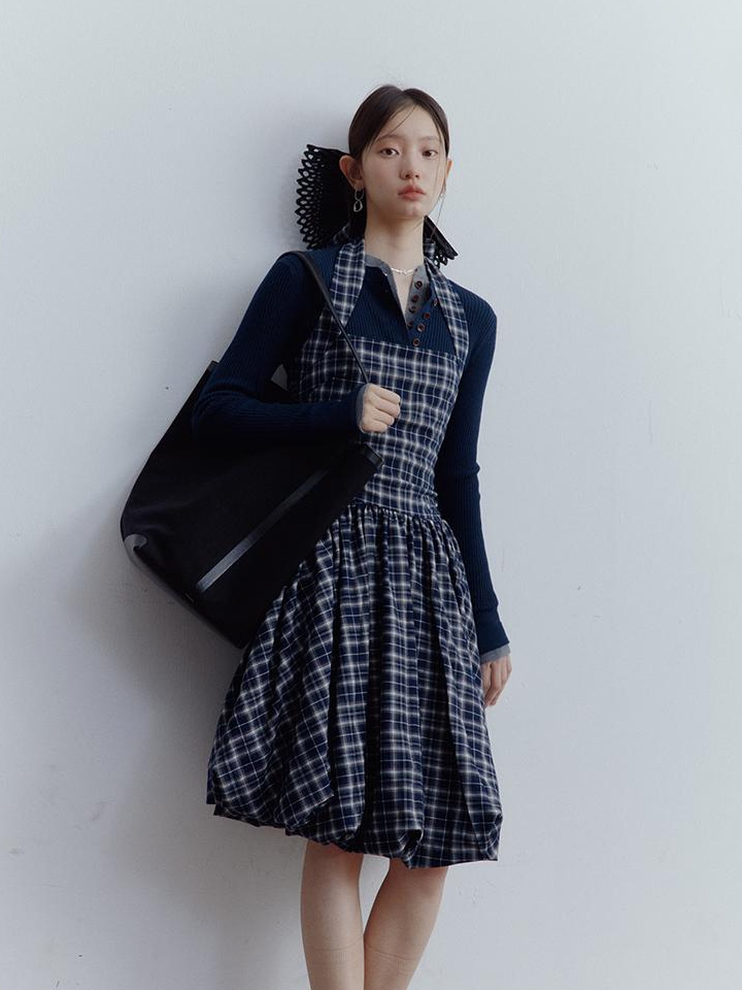 FUSSED Fussed Blue Scottish Plaid Halter Neck Dress with Ruffle Back and Pockets
