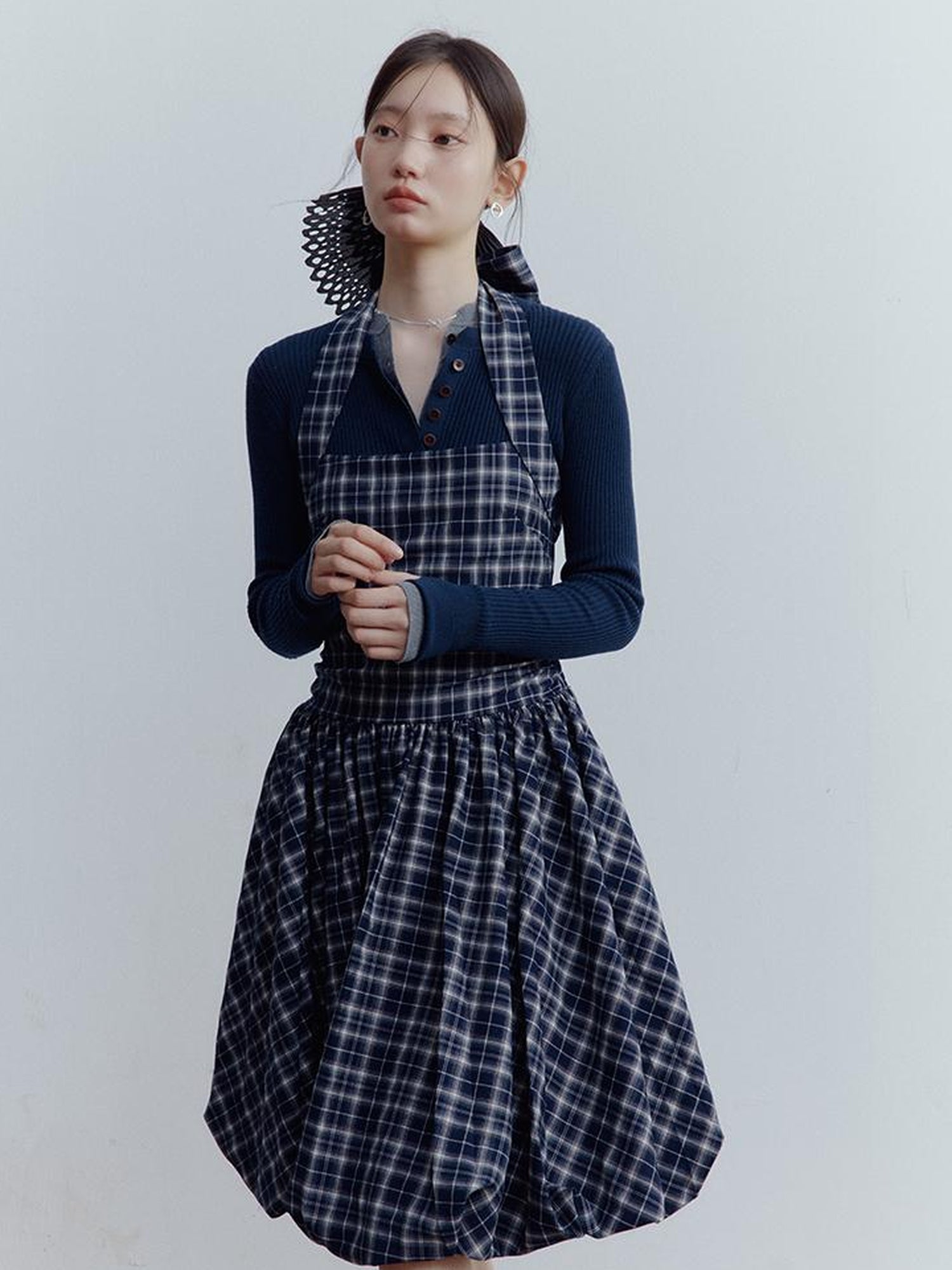 FUSSED Fussed Blue Scottish Plaid Halter Neck Dress with Ruffle Back and Pockets