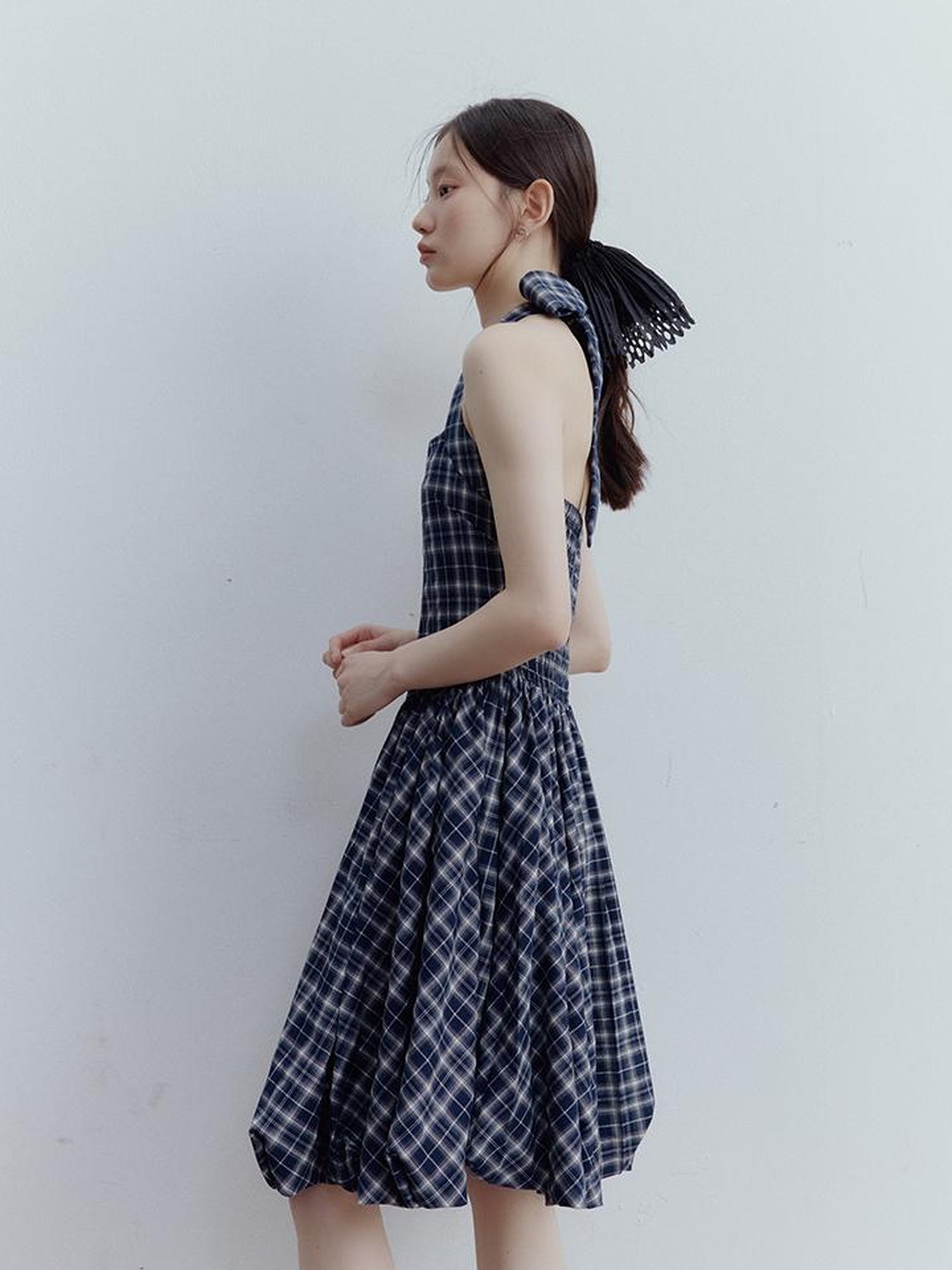 FUSSED Fussed Blue Scottish Plaid Halter Neck Dress with Ruffle Back and Pockets