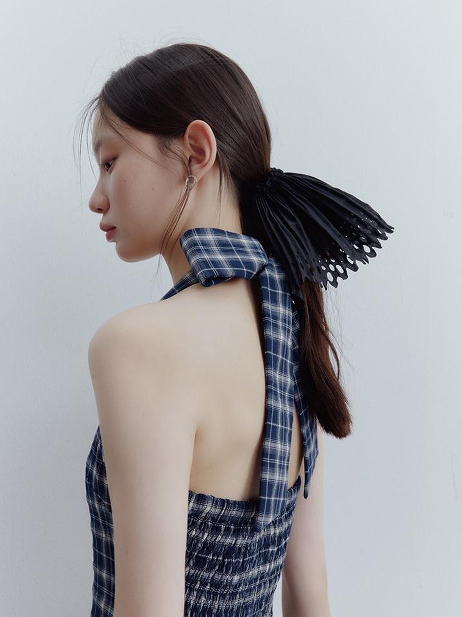 FUSSED Fussed Blue Scottish Plaid Halter Neck Dress with Ruffle Back and Pockets