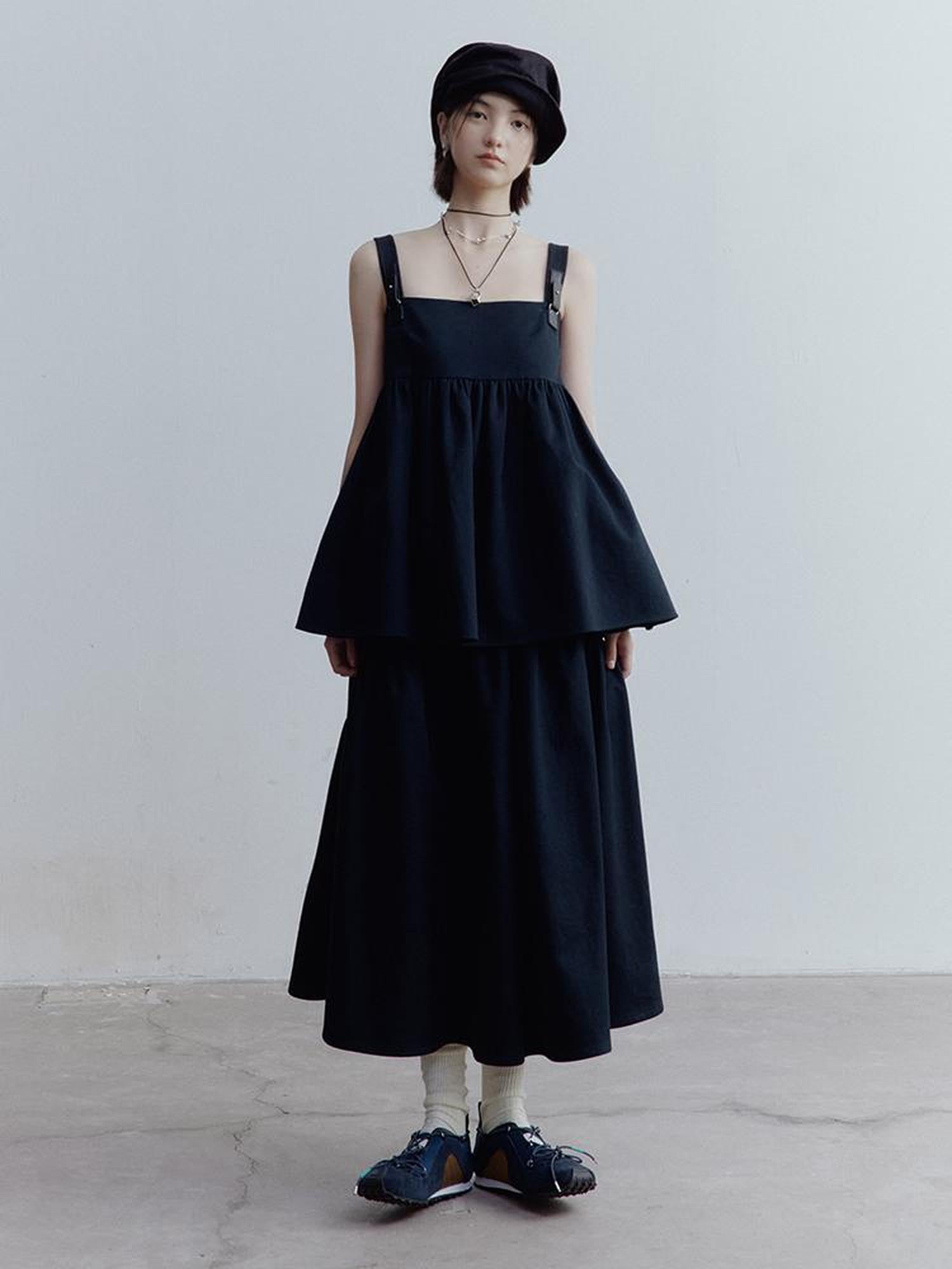 FUSSED Fussed Blues V-neck T-shirt Long-Sleeve Ruffle Trim Leather Button Decoration Slip Dress Baby Doll Blouse A-line Skirt Set