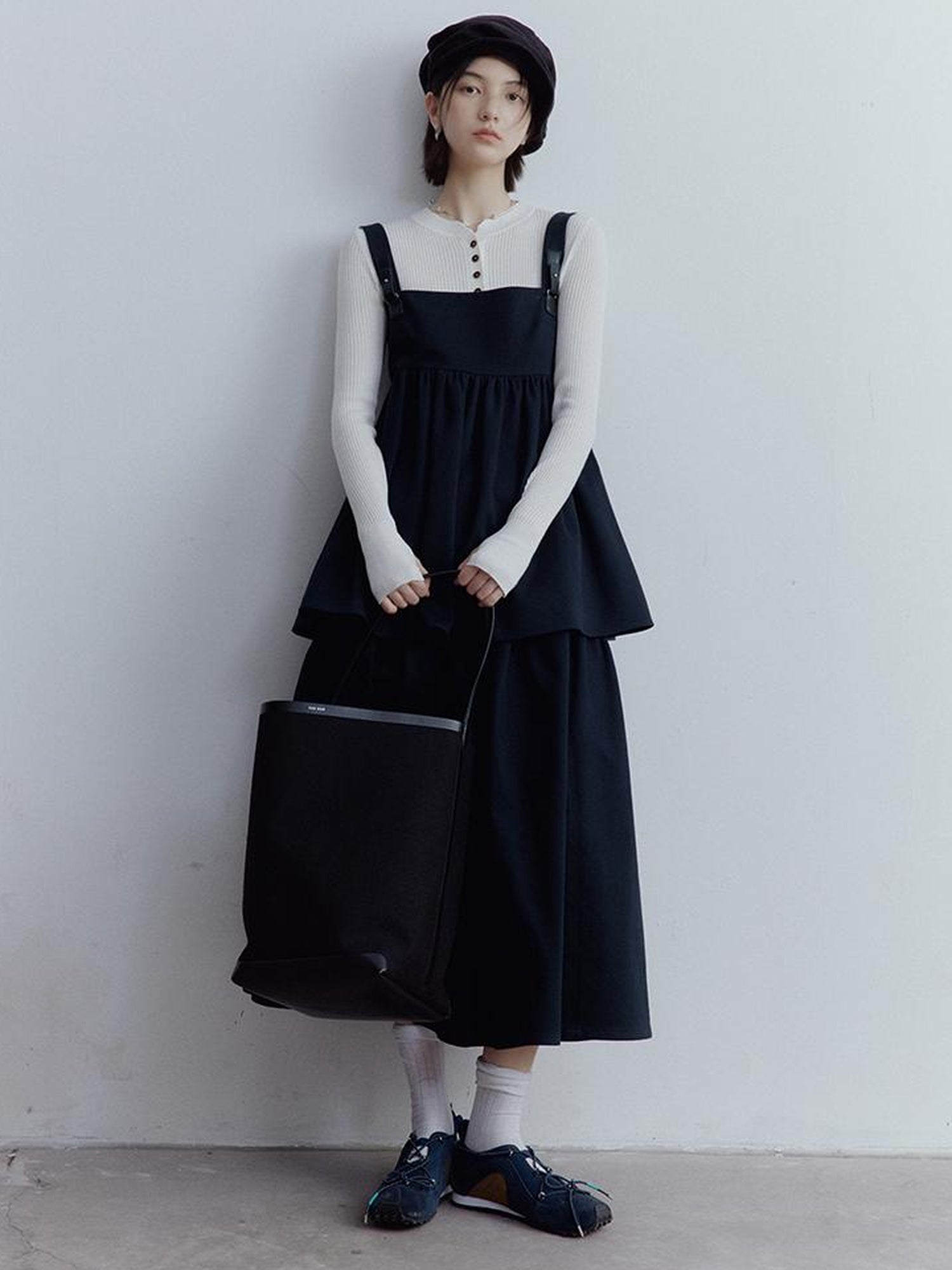 FUSSED Fussed Blues V-neck T-shirt Long-Sleeve Ruffle Trim Leather Button Decoration Slip Dress Baby Doll Blouse A-line Skirt Set