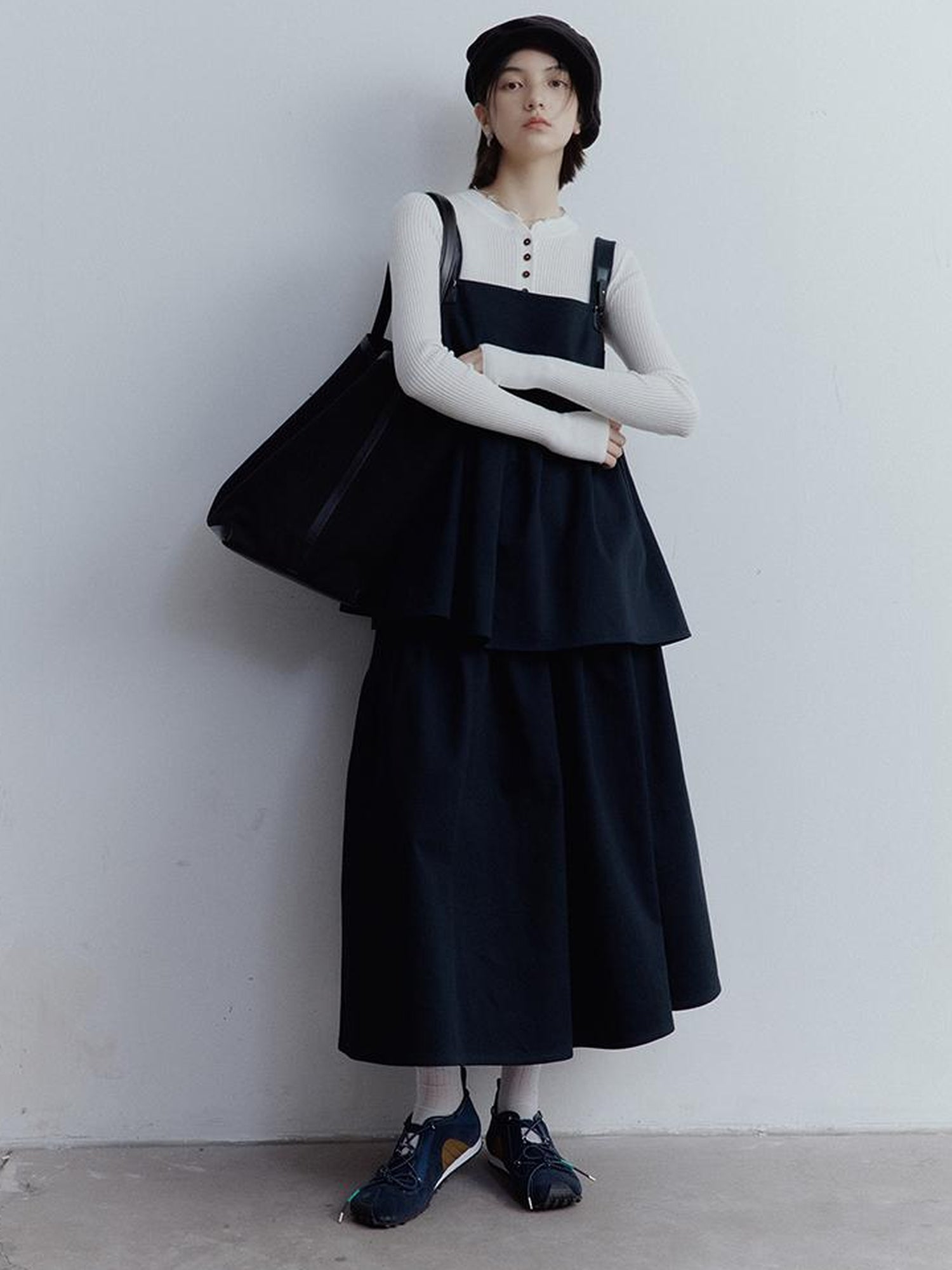 FUSSED Fussed Blues V-neck T-shirt Long-Sleeve Ruffle Trim Leather Button Decoration Slip Dress Baby Doll Blouse A-line Skirt Set