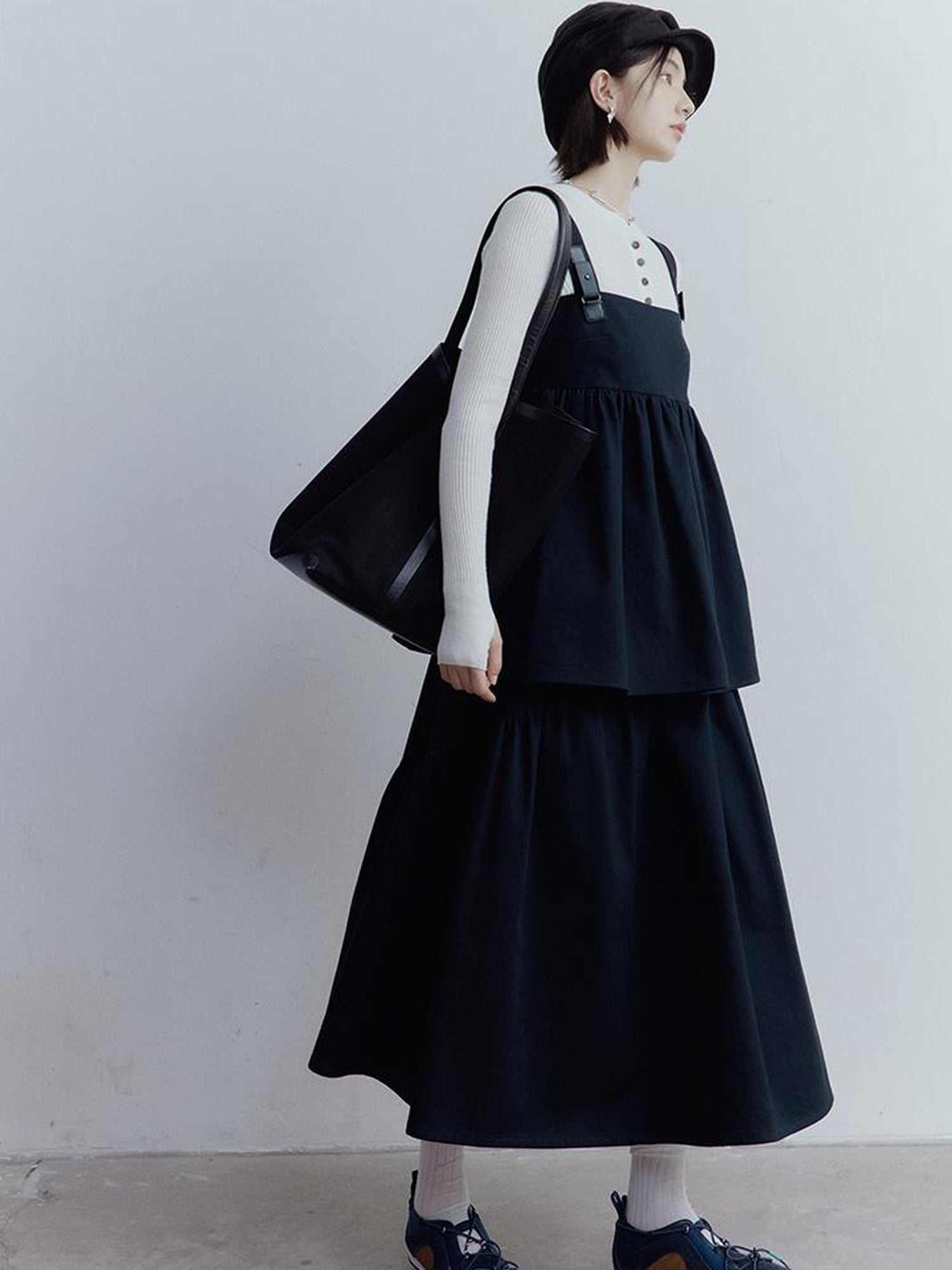 FUSSED Fussed Blues V-neck T-shirt Long-Sleeve Ruffle Trim Leather Button Decoration Slip Dress Baby Doll Blouse A-line Skirt Set