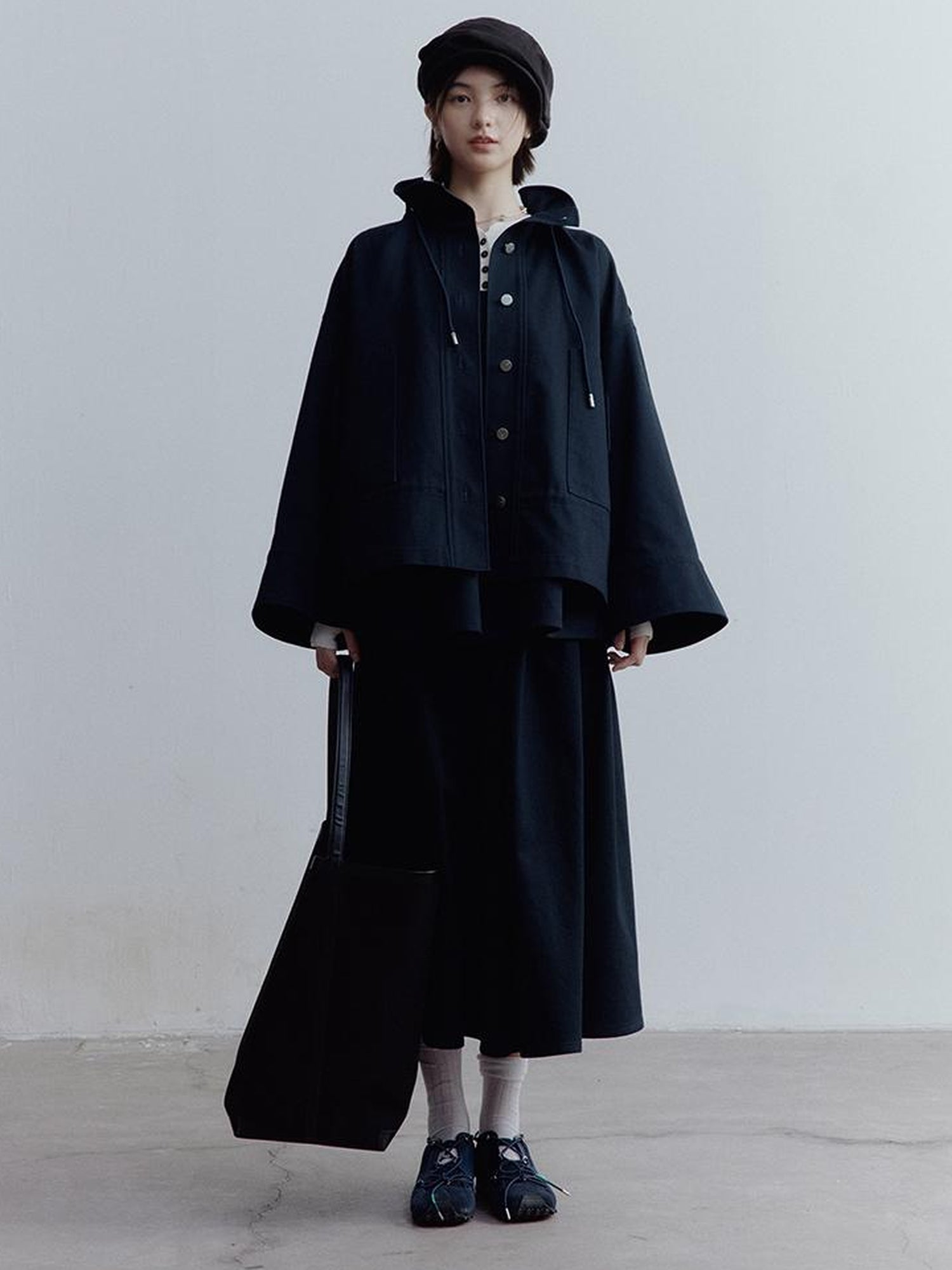 FUSSED Fussed Blues V-neck T-shirt Long-Sleeve Ruffle Trim Leather Button Decoration Slip Dress Baby Doll Blouse A-line Skirt Set