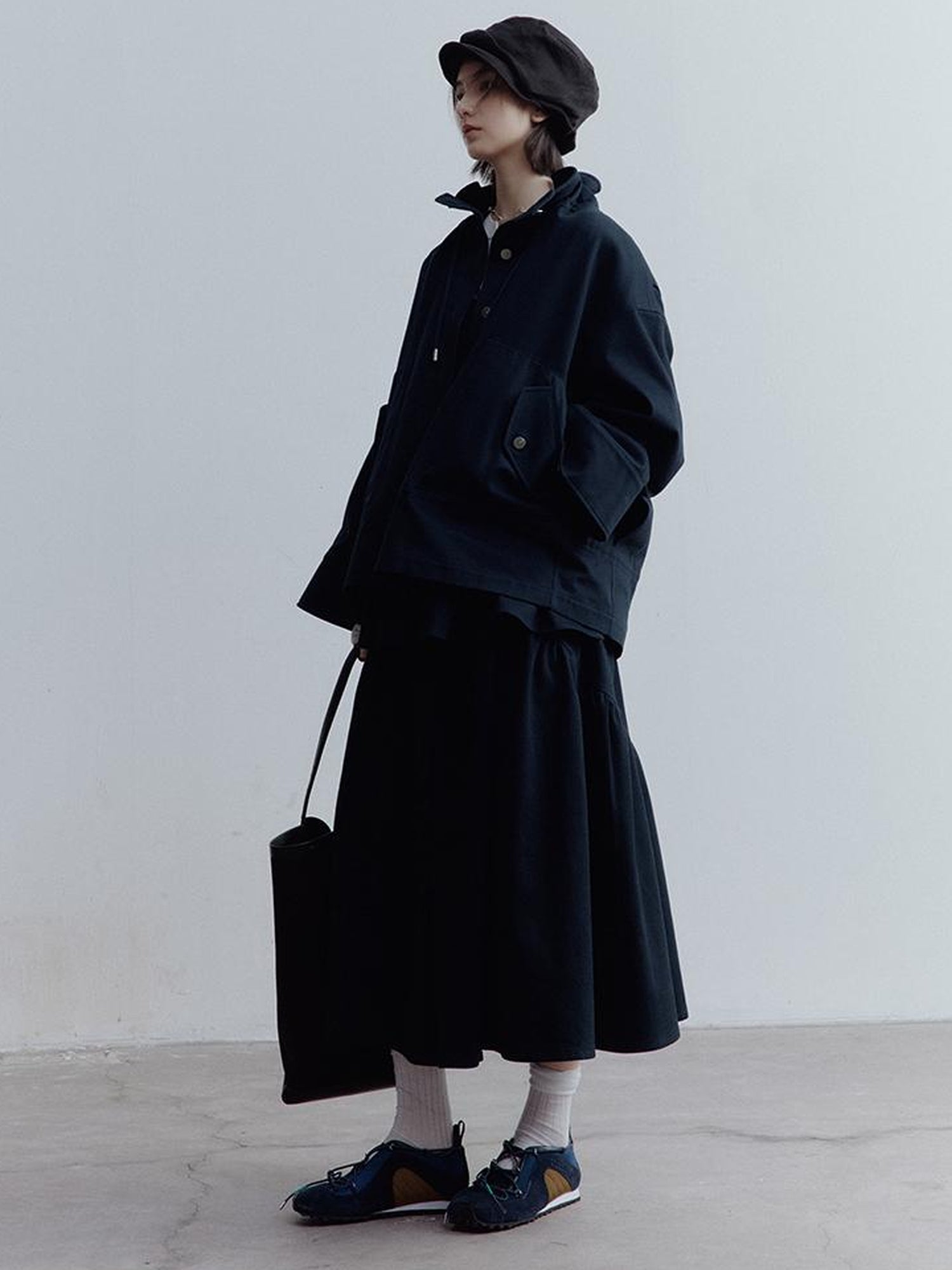 FUSSED Fussed Blues V-neck T-shirt Long-Sleeve Ruffle Trim Leather Button Decoration Slip Dress Baby Doll Blouse A-line Skirt Set