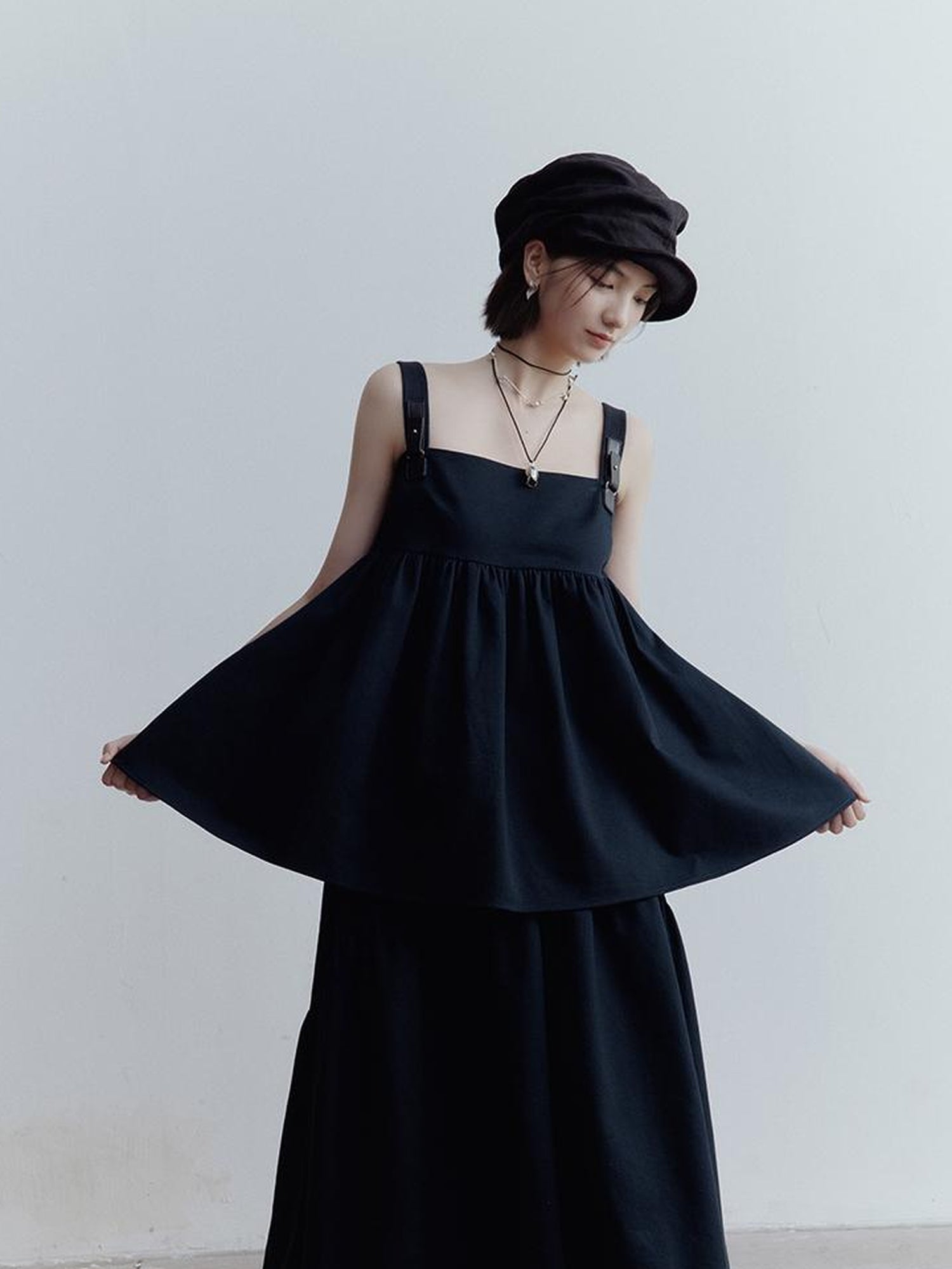 FUSSED Fussed Blues V-neck T-shirt Long-Sleeve Ruffle Trim Leather Button Decoration Slip Dress Baby Doll Blouse A-line Skirt Set