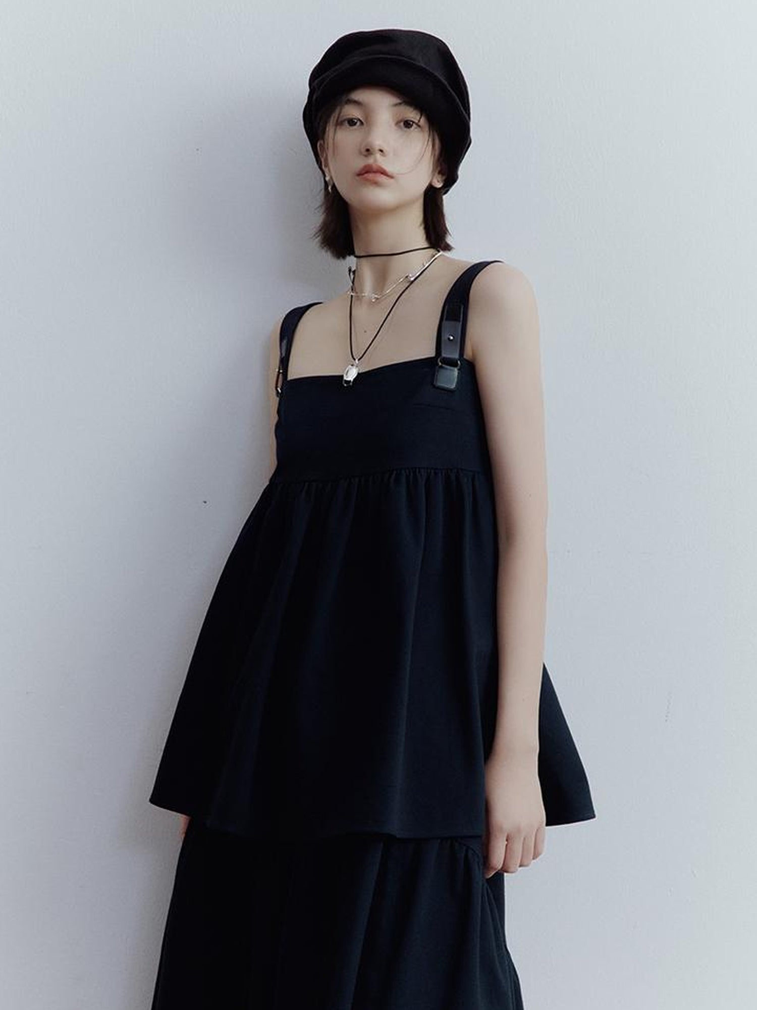 FUSSED Fussed Blues V-neck T-shirt Long-Sleeve Ruffle Trim Leather Button Decoration Slip Dress Baby Doll Blouse A-line Skirt Set