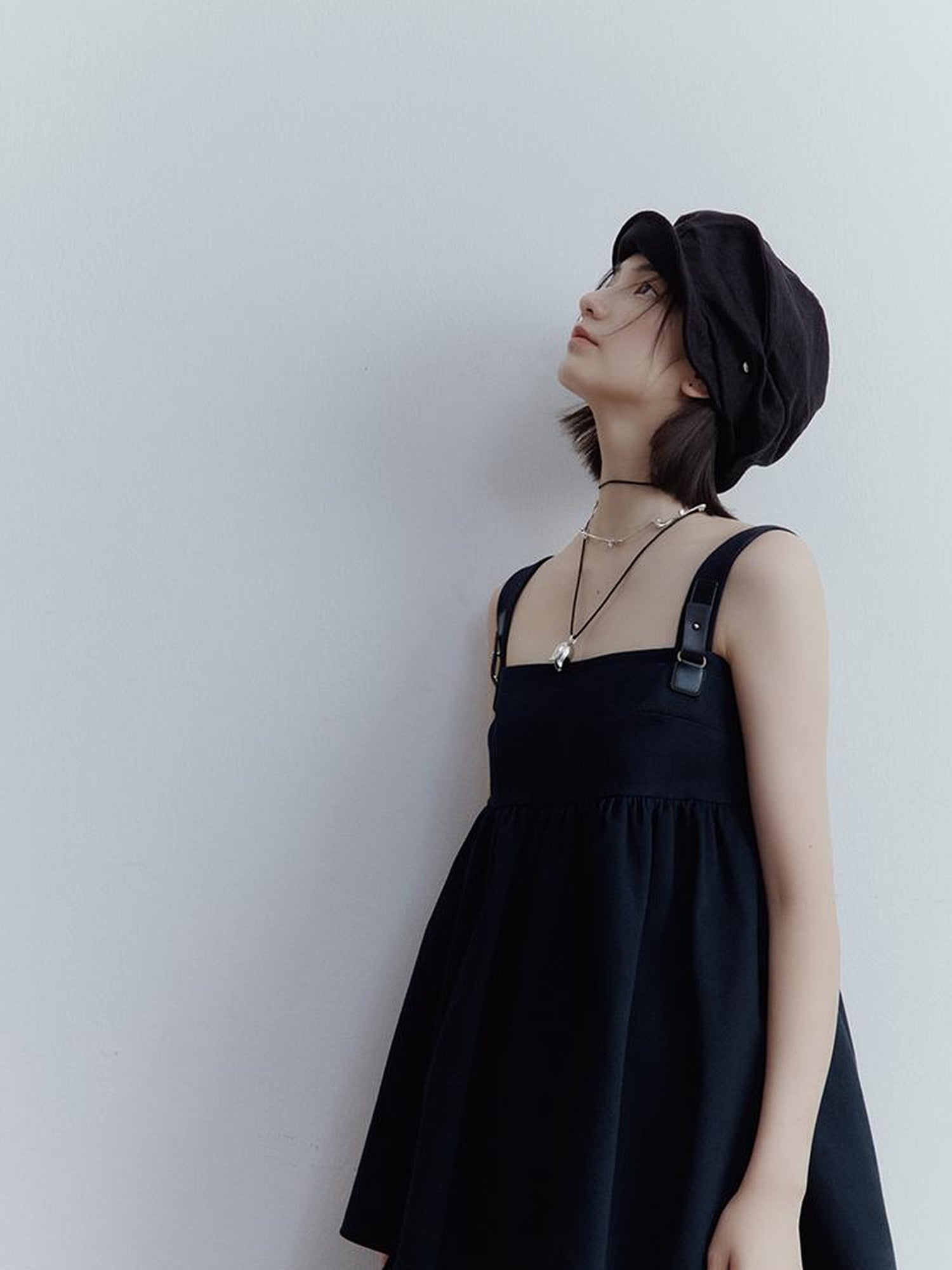 FUSSED Fussed Blues V-neck T-shirt Long-Sleeve Ruffle Trim Leather Button Decoration Slip Dress Baby Doll Blouse A-line Skirt Set