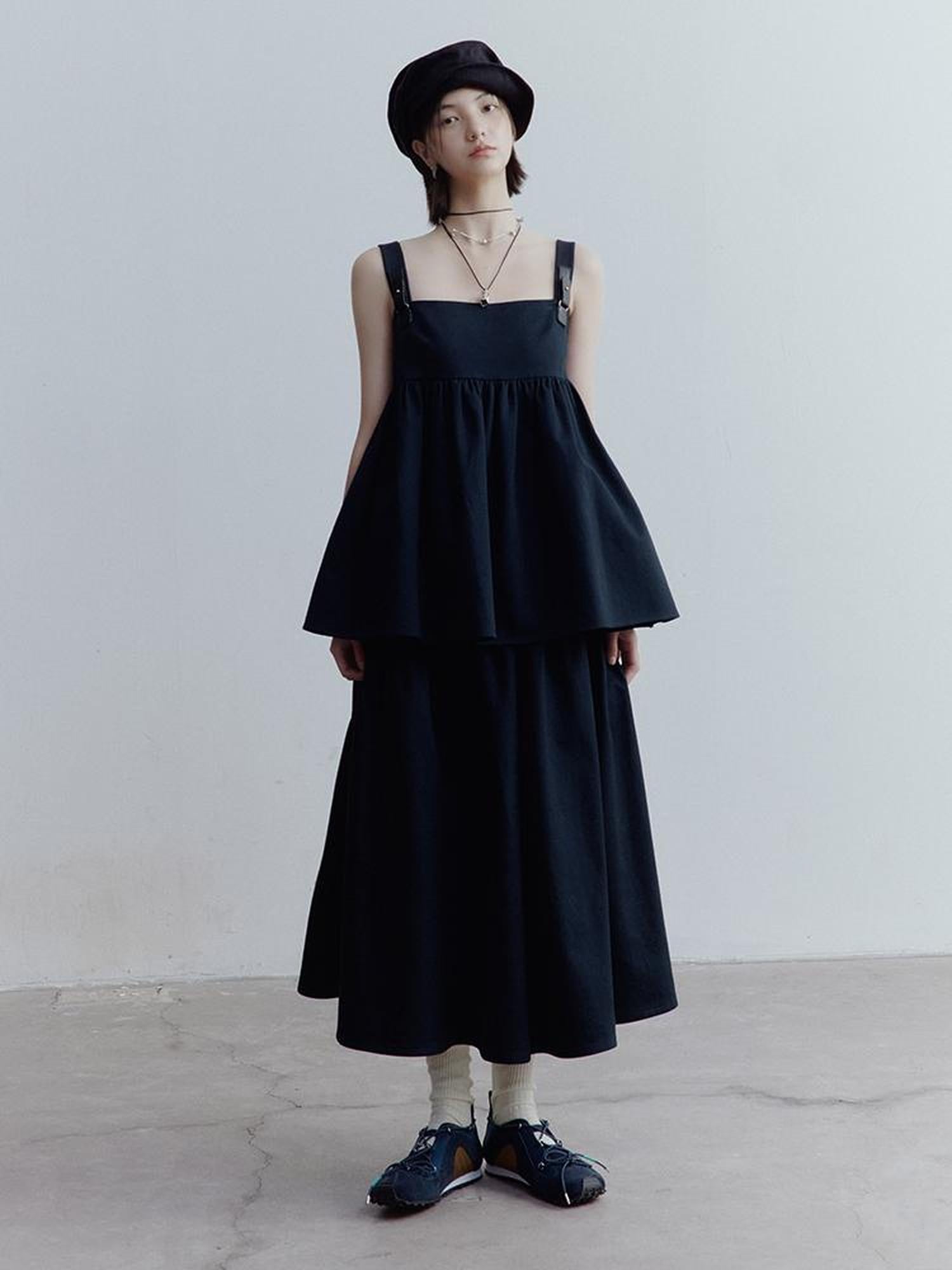 FUSSED Fussed Blues V-neck T-shirt Long-Sleeve Ruffle Trim Leather Button Decoration Slip Dress Baby Doll Blouse A-line Skirt Set