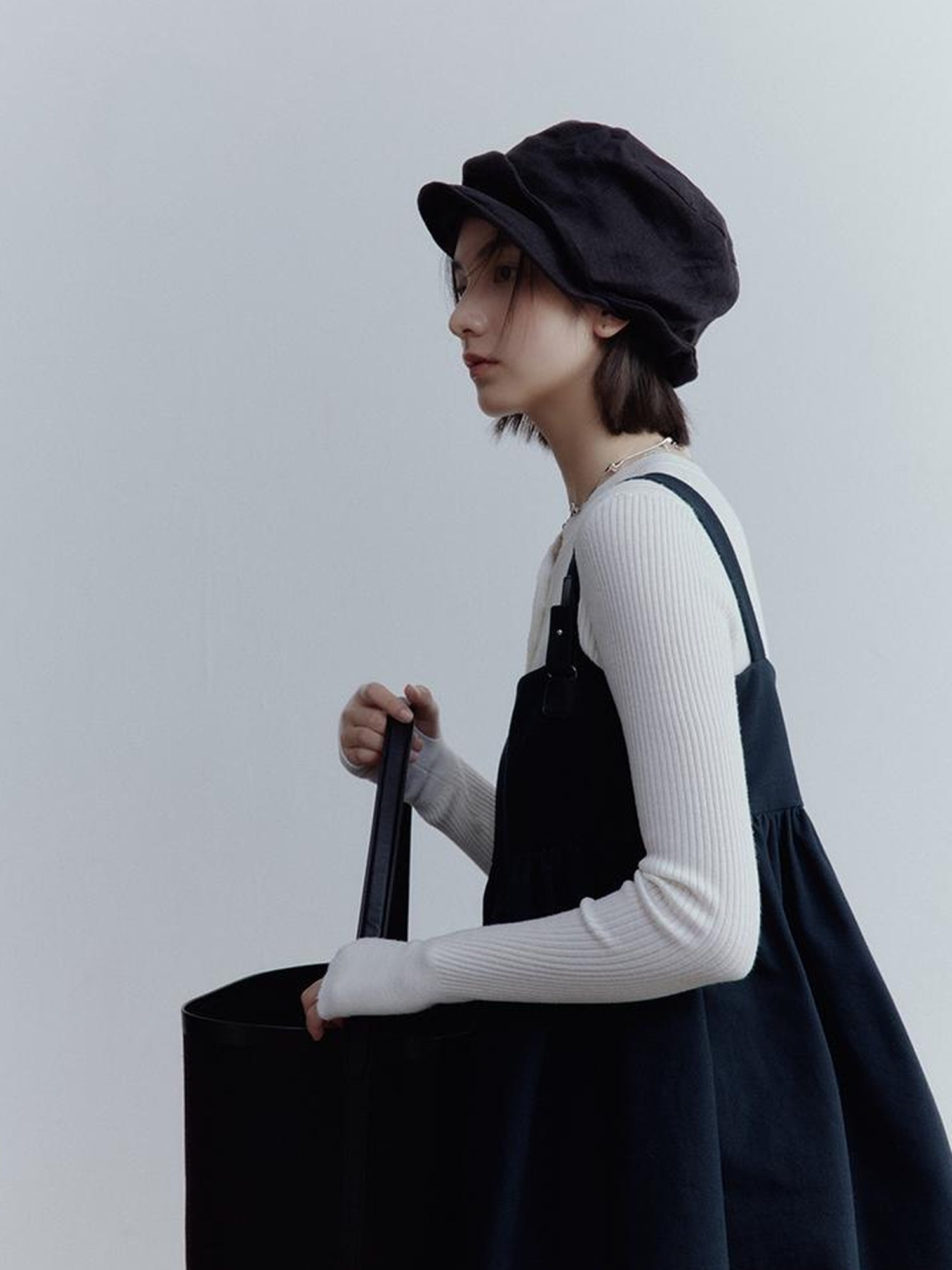 FUSSED Fussed Blues V-neck T-shirt Long-Sleeve Ruffle Trim Leather Button Decoration Slip Dress Baby Doll Blouse A-line Skirt Set