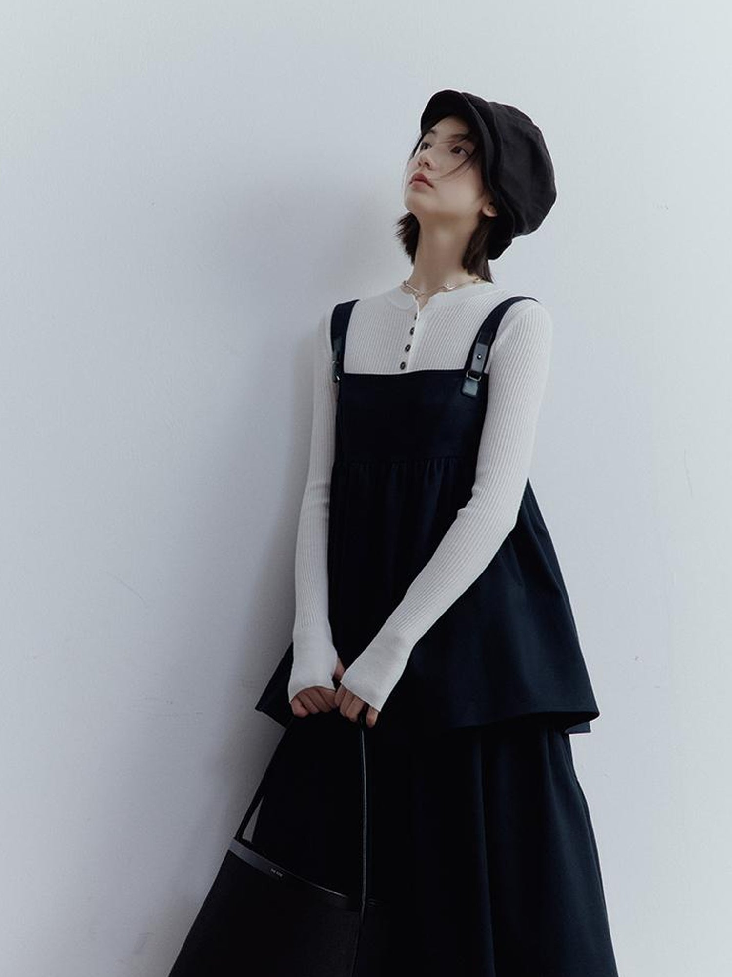 FUSSED Fussed Blues V-neck T-shirt Long-Sleeve Ruffle Trim Leather Button Decoration Slip Dress Baby Doll Blouse A-line Skirt Set