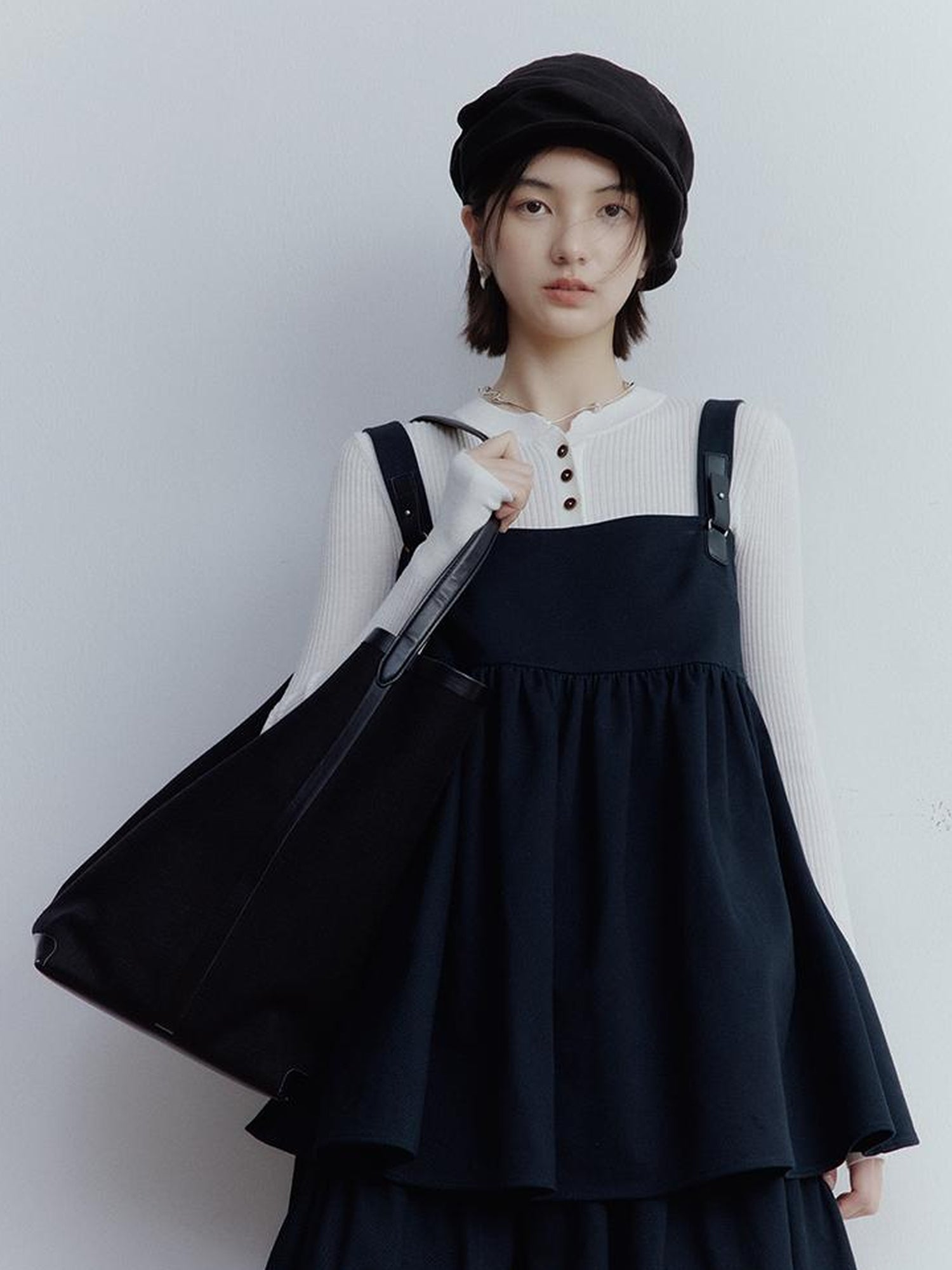 FUSSED Fussed Blues V-neck T-shirt Long-Sleeve Ruffle Trim Leather Button Decoration Slip Dress Baby Doll Blouse A-line Skirt Set