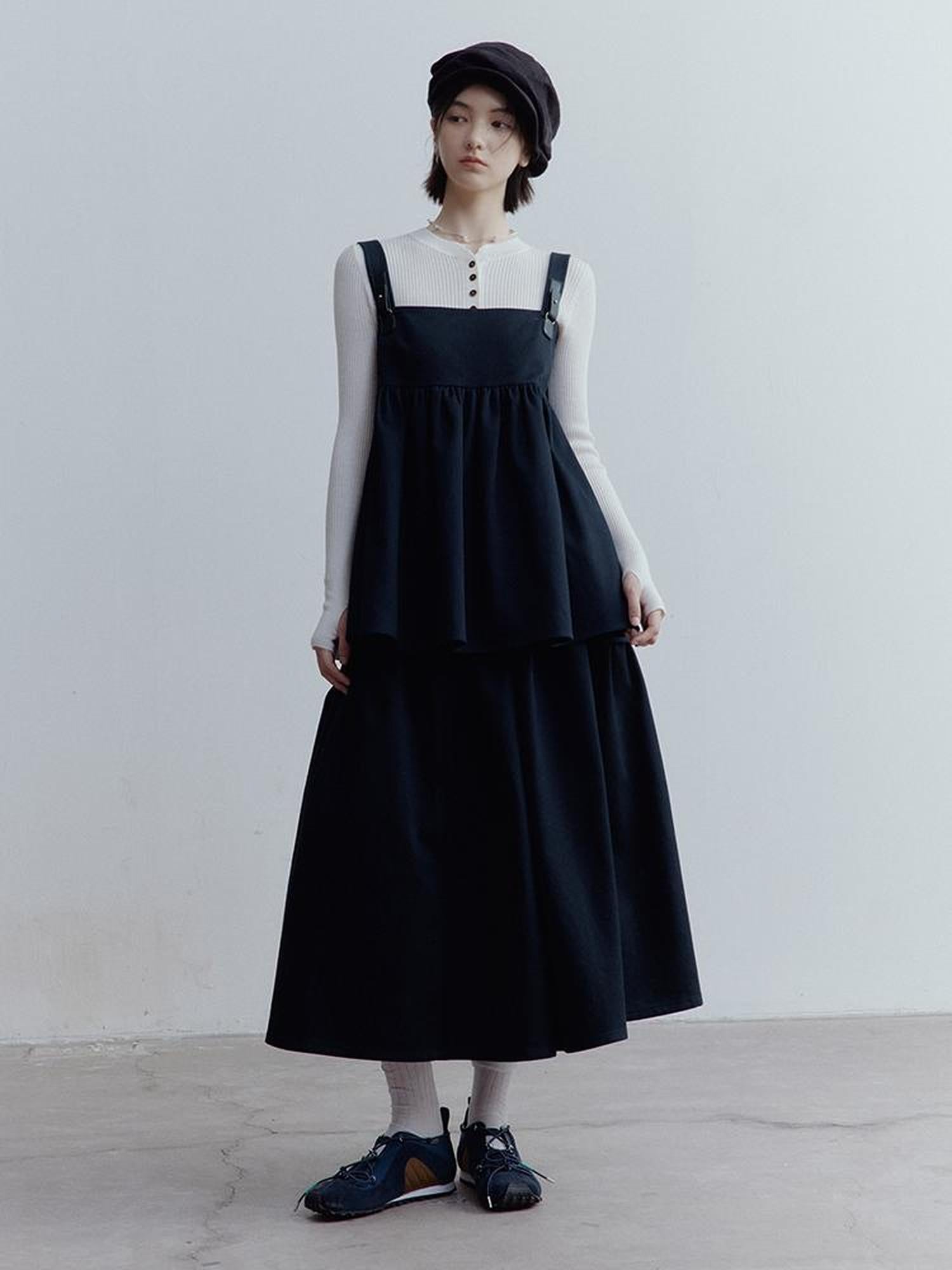 FUSSED Fussed Blues V-neck T-shirt Long-Sleeve Ruffle Trim Leather Button Decoration Slip Dress Baby Doll Blouse A-line Skirt Set