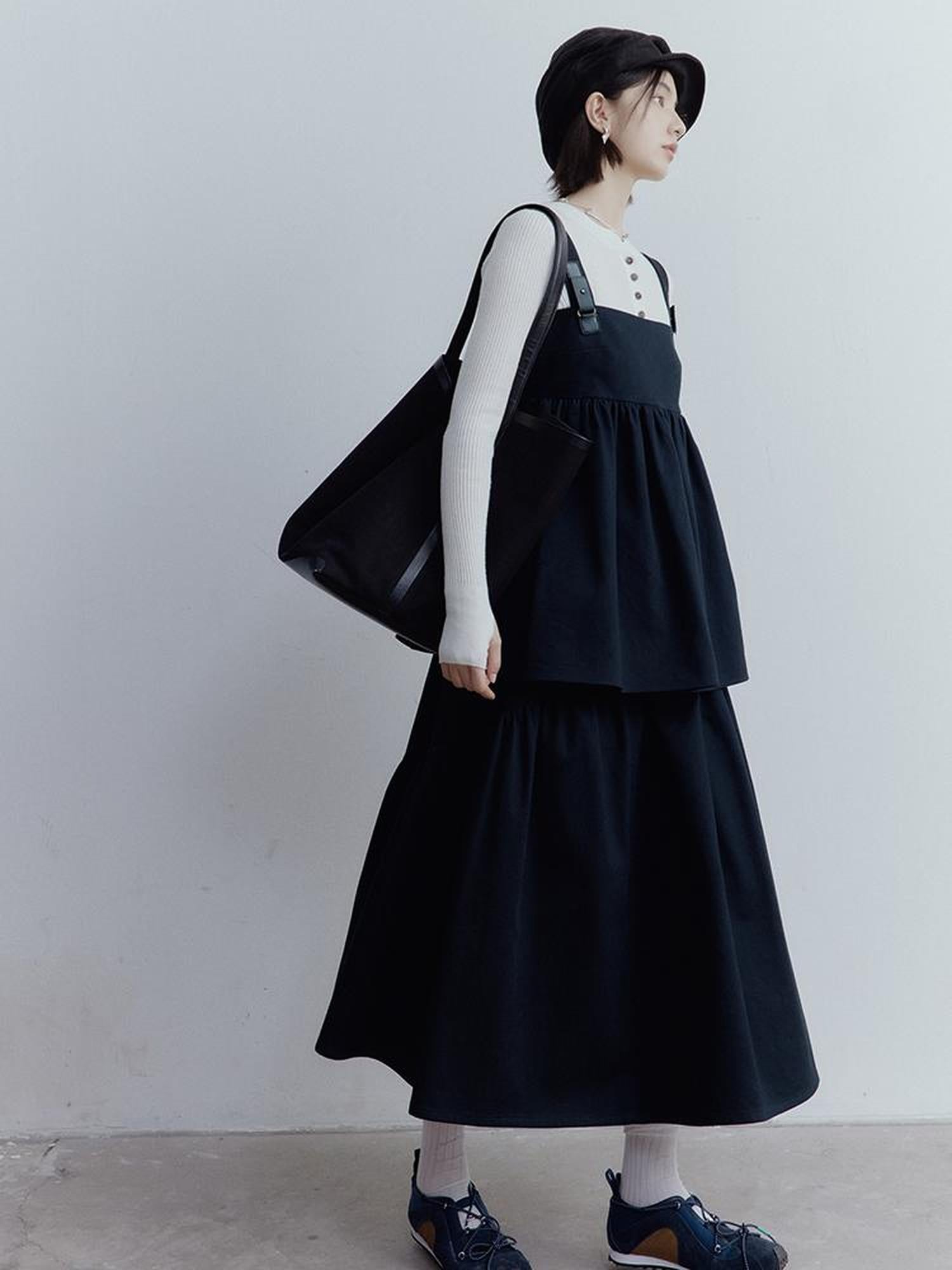 FUSSED Fussed Blues V-neck T-shirt Long-Sleeve Ruffle Trim Leather Button Decoration Slip Dress Baby Doll Blouse A-line Skirt Set