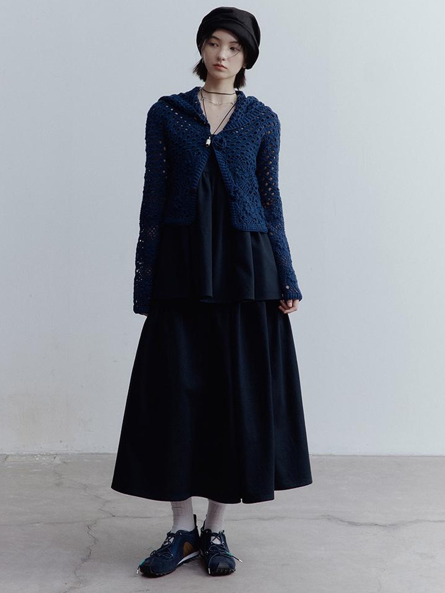 FUSSED Fussed Blues V-neck T-shirt Long-Sleeve Ruffle Trim Leather Button Decoration Slip Dress Baby Doll Blouse A-line Skirt Set