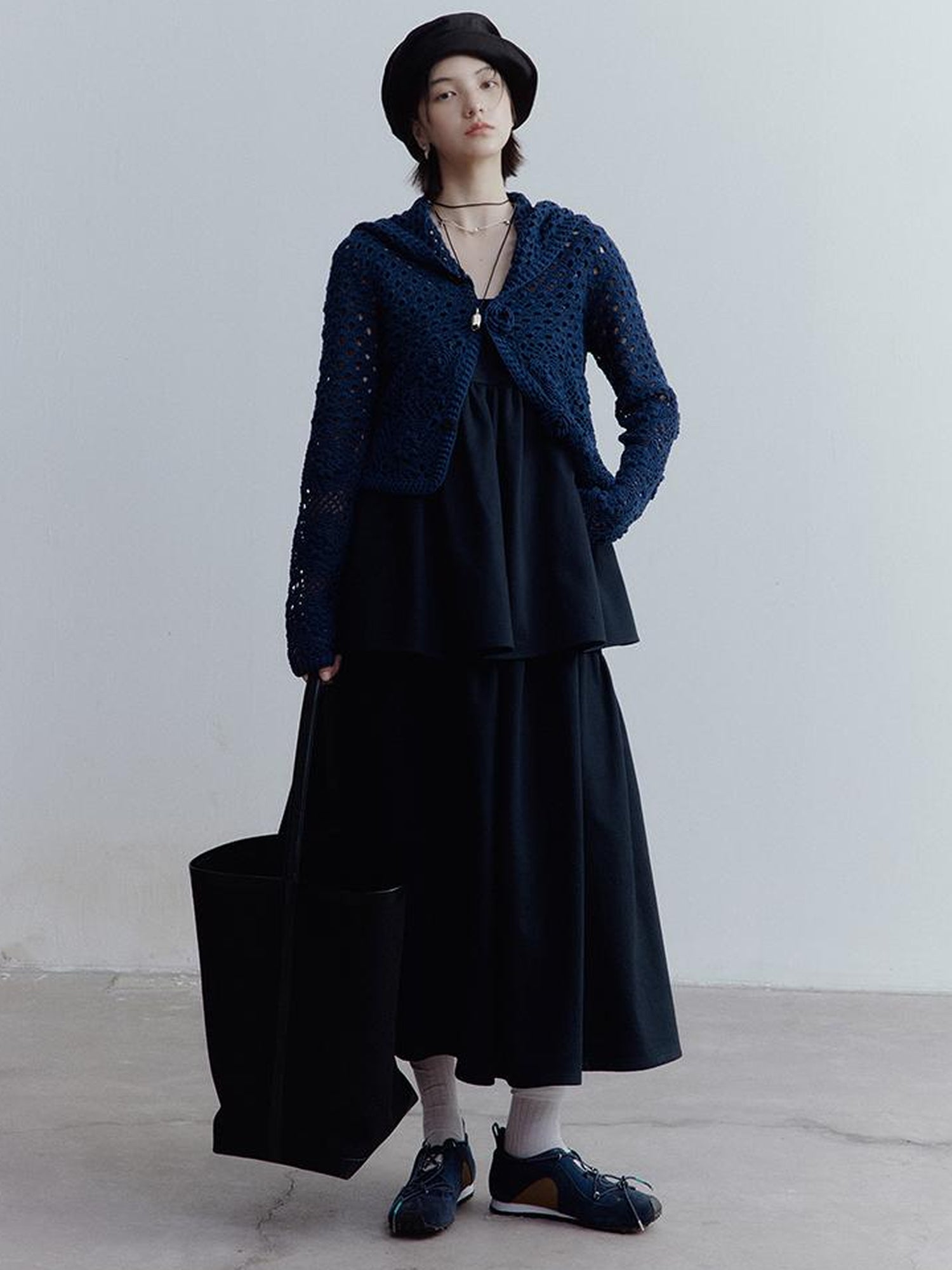 FUSSED Fussed Blues V-neck T-shirt Long-Sleeve Ruffle Trim Leather Button Decoration Slip Dress Baby Doll Blouse A-line Skirt Set