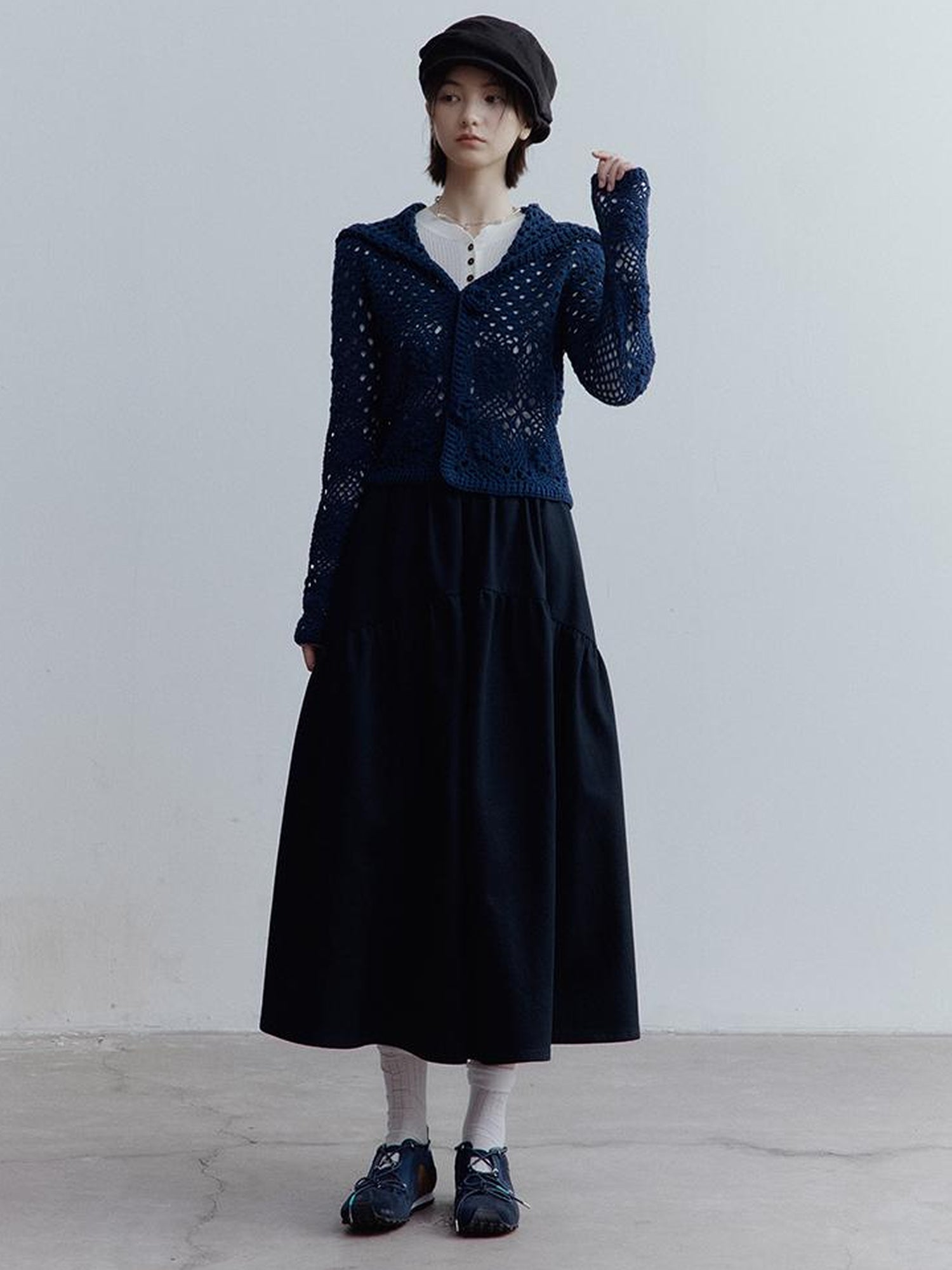 FUSSED Fussed Blues V-neck T-shirt Long-Sleeve Ruffle Trim Leather Button Decoration Slip Dress Baby Doll Blouse A-line Skirt Set