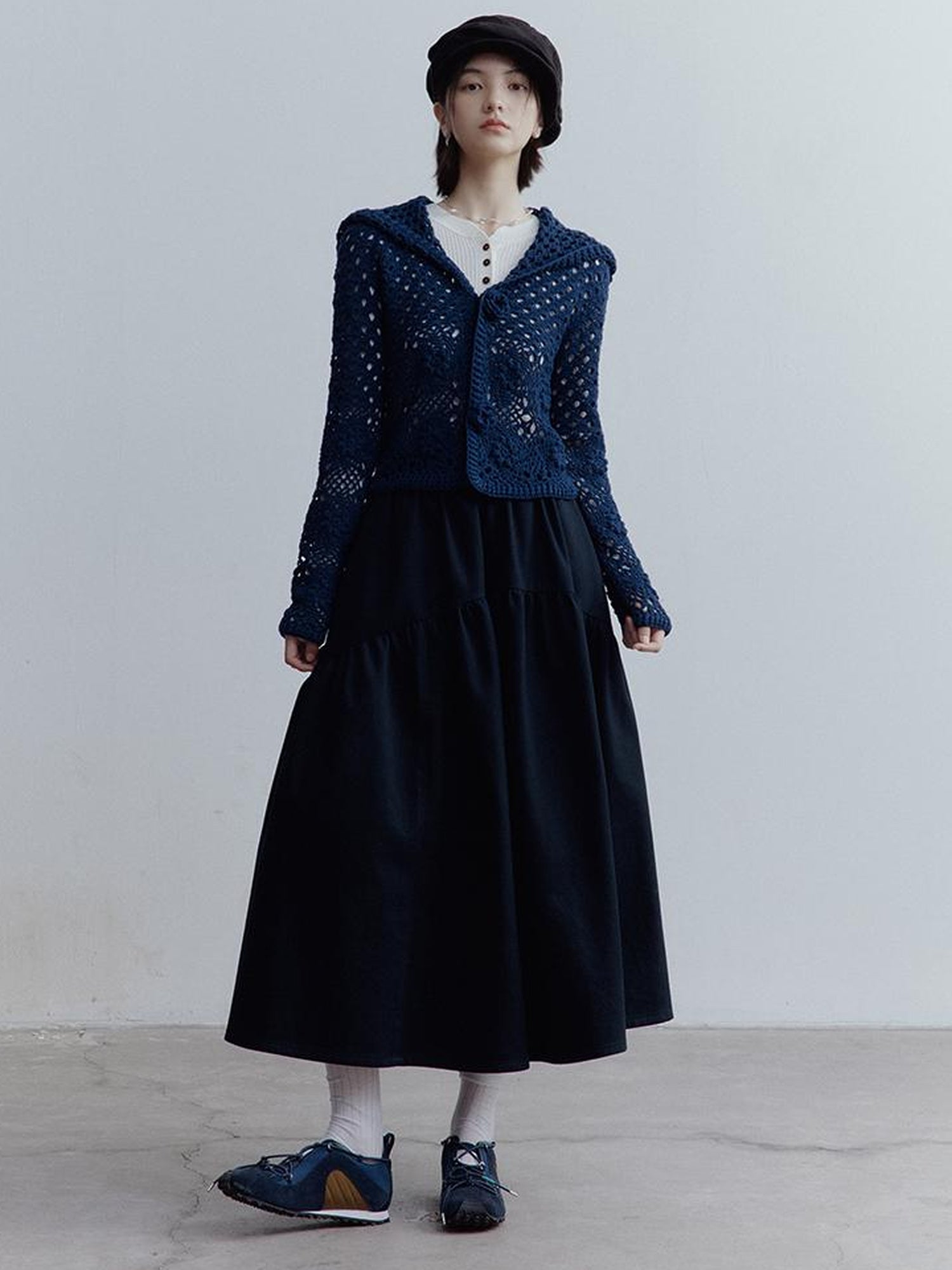 FUSSED Fussed Blues V-neck T-shirt Long-Sleeve Ruffle Trim Leather Button Decoration Slip Dress Baby Doll Blouse A-line Skirt Set