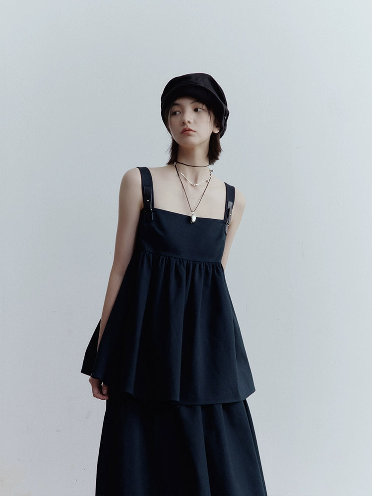 FUSSED_Fussed_Blues_V-neck_T-shirt_Long-Sleeve_Ruffle_Trim_Leather_Button_Decoration_Slip_Dress_Baby_Doll_Blouse_A-line_Skirt_Set_MISSTT