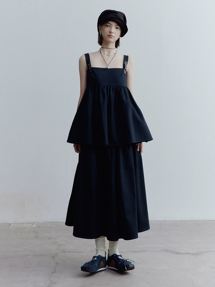 FUSSED_Fussed_Blues_V-neck_T-shirt_Long-Sleeve_Ruffle_Trim_Leather_Button_Decoration_Slip_Dress_Baby_Doll_Blouse_A-line_Skirt_Set_MISSTT