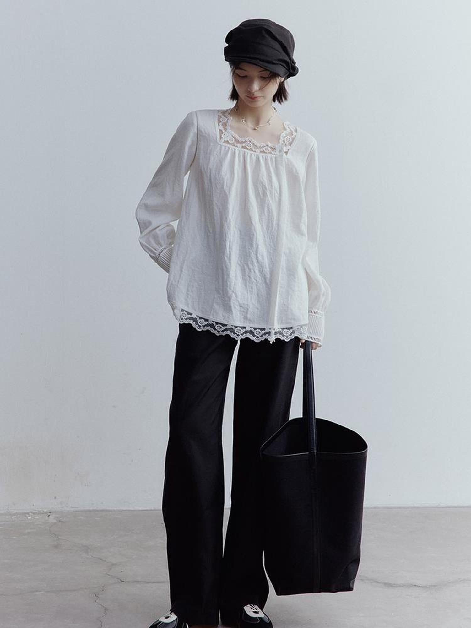 FUSSED Fussed French Kiss Lace Trim Crinkle Texture Blouse