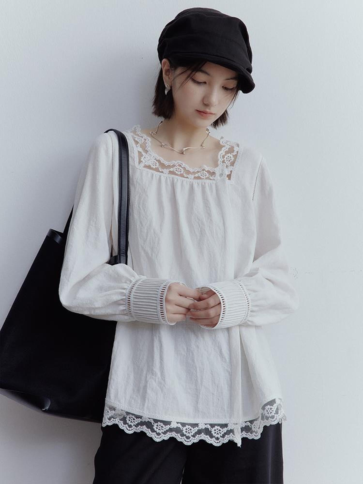 FUSSED Fussed French Kiss Lace Trim Crinkle Texture Blouse