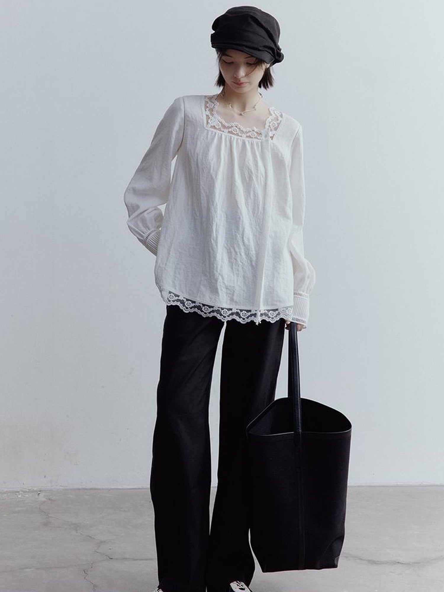 FUSSED Fussed French Kiss Lace Trim Crinkle Texture Blouse