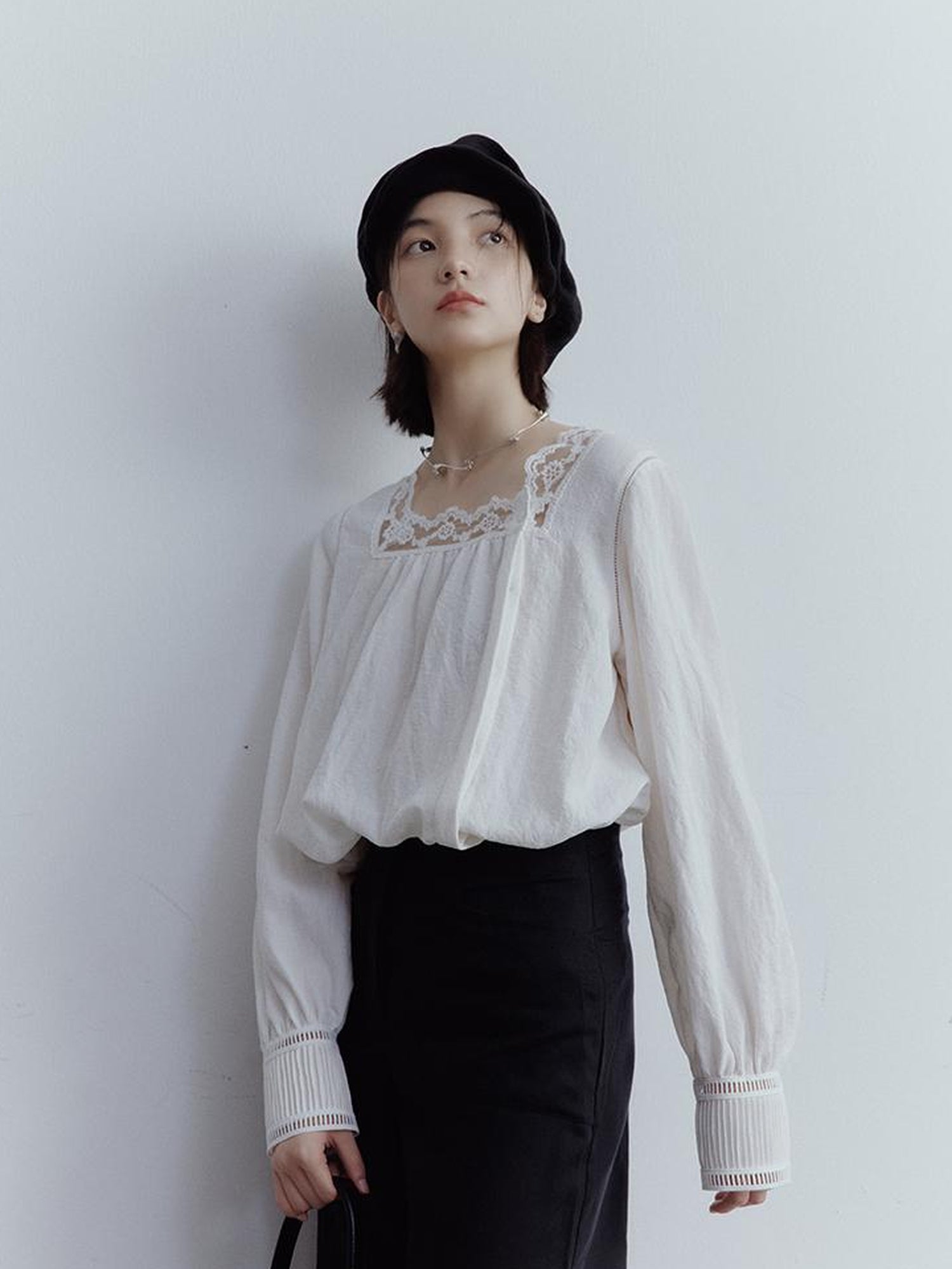 FUSSED Fussed French Kiss Lace Trim Crinkle Texture Blouse