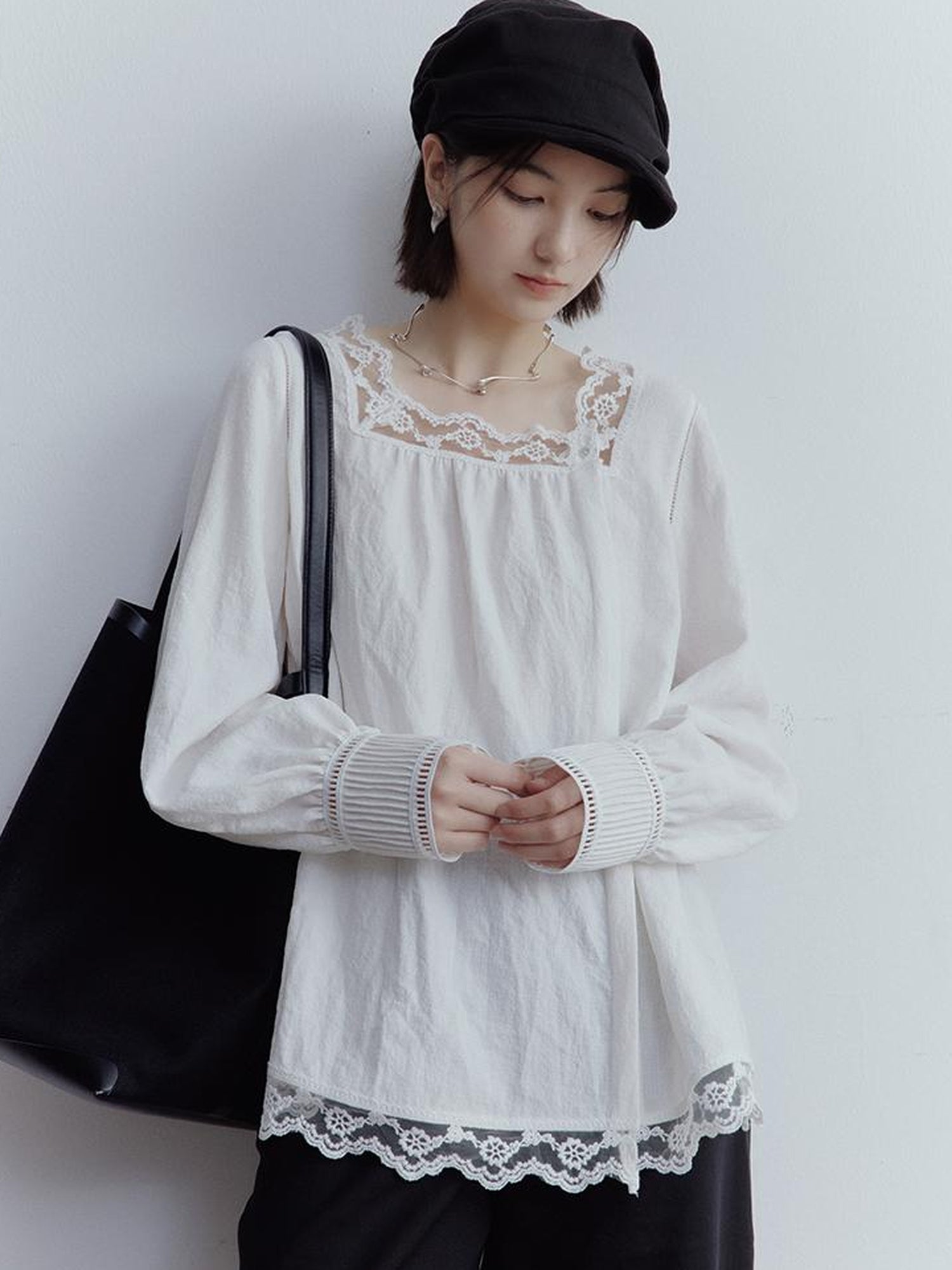 FUSSED Fussed French Kiss Lace Trim Crinkle Texture Blouse