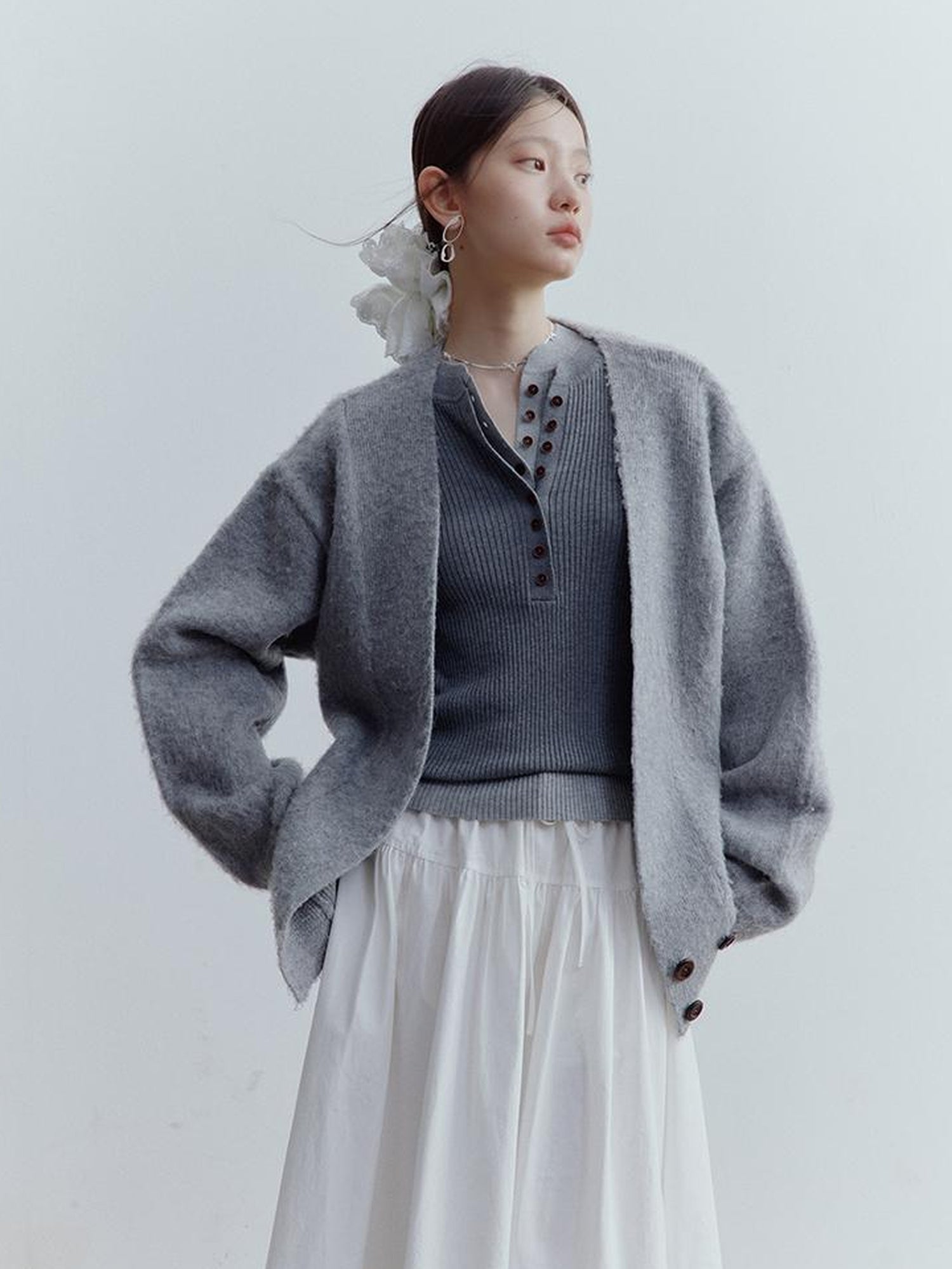 FUSSED Fussed Lazy Furry V-Neck Mohair Wool Cardigan In Misty Gray