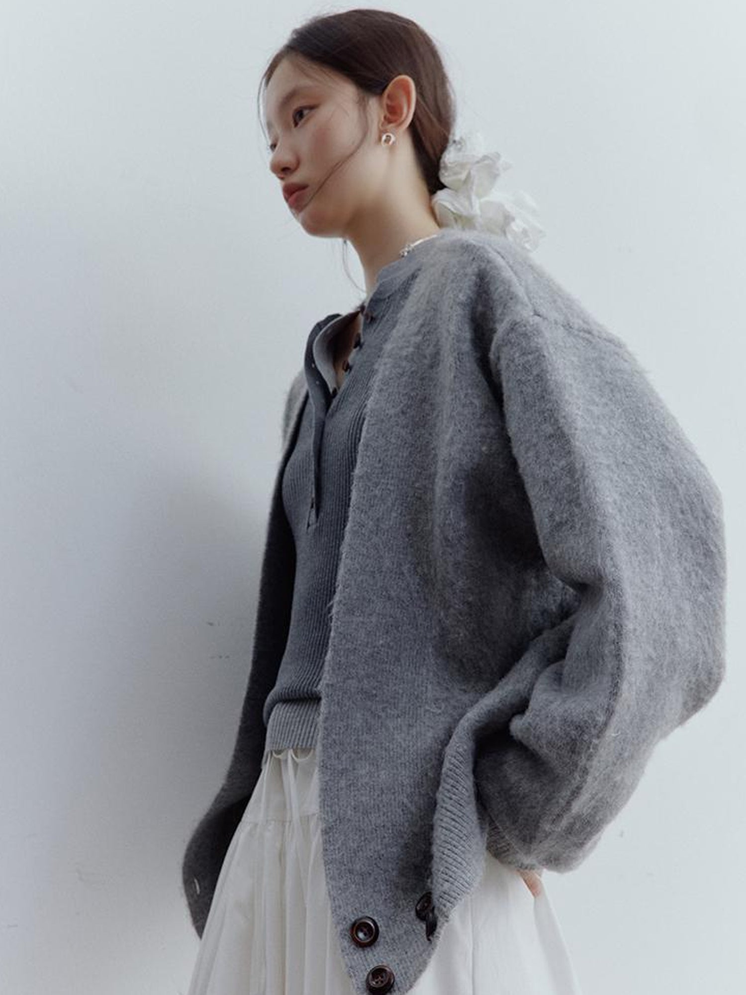 FUSSED Fussed Lazy Furry V-Neck Mohair Wool Cardigan In Misty Gray