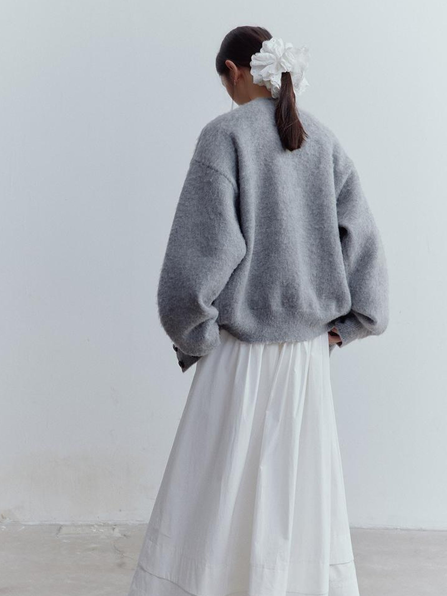 FUSSED Fussed Lazy Furry V-Neck Mohair Wool Cardigan In Misty Gray