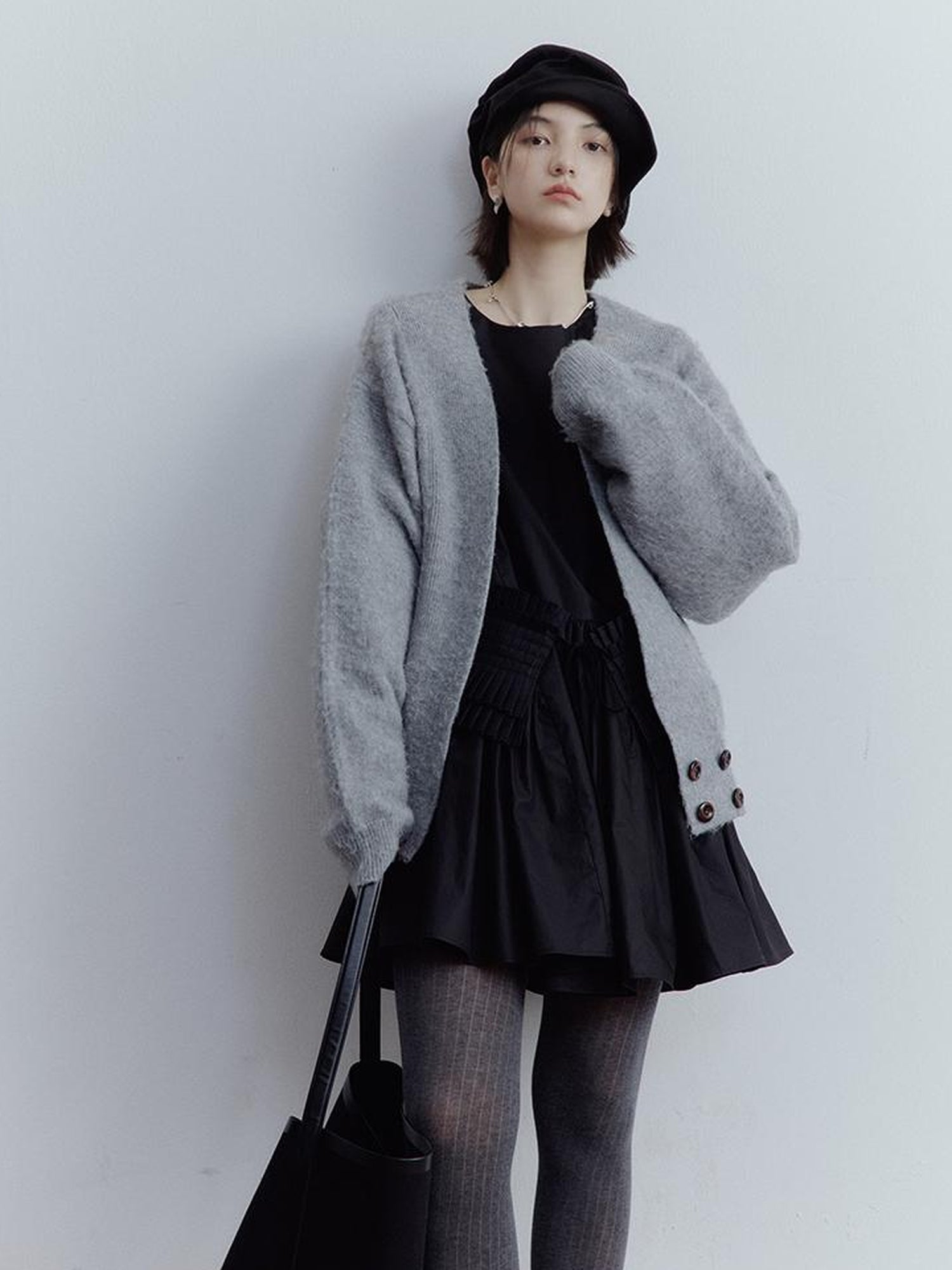 FUSSED Fussed Lazy Furry V-Neck Mohair Wool Cardigan In Misty Gray