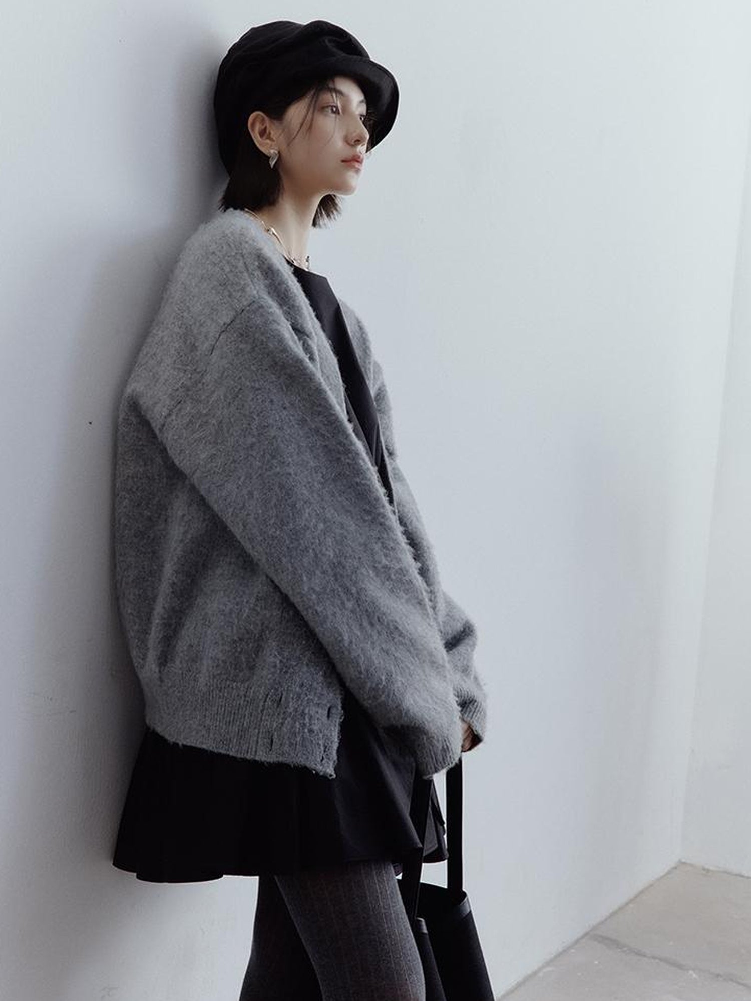 FUSSED Fussed Lazy Furry V-Neck Mohair Wool Cardigan In Misty Gray