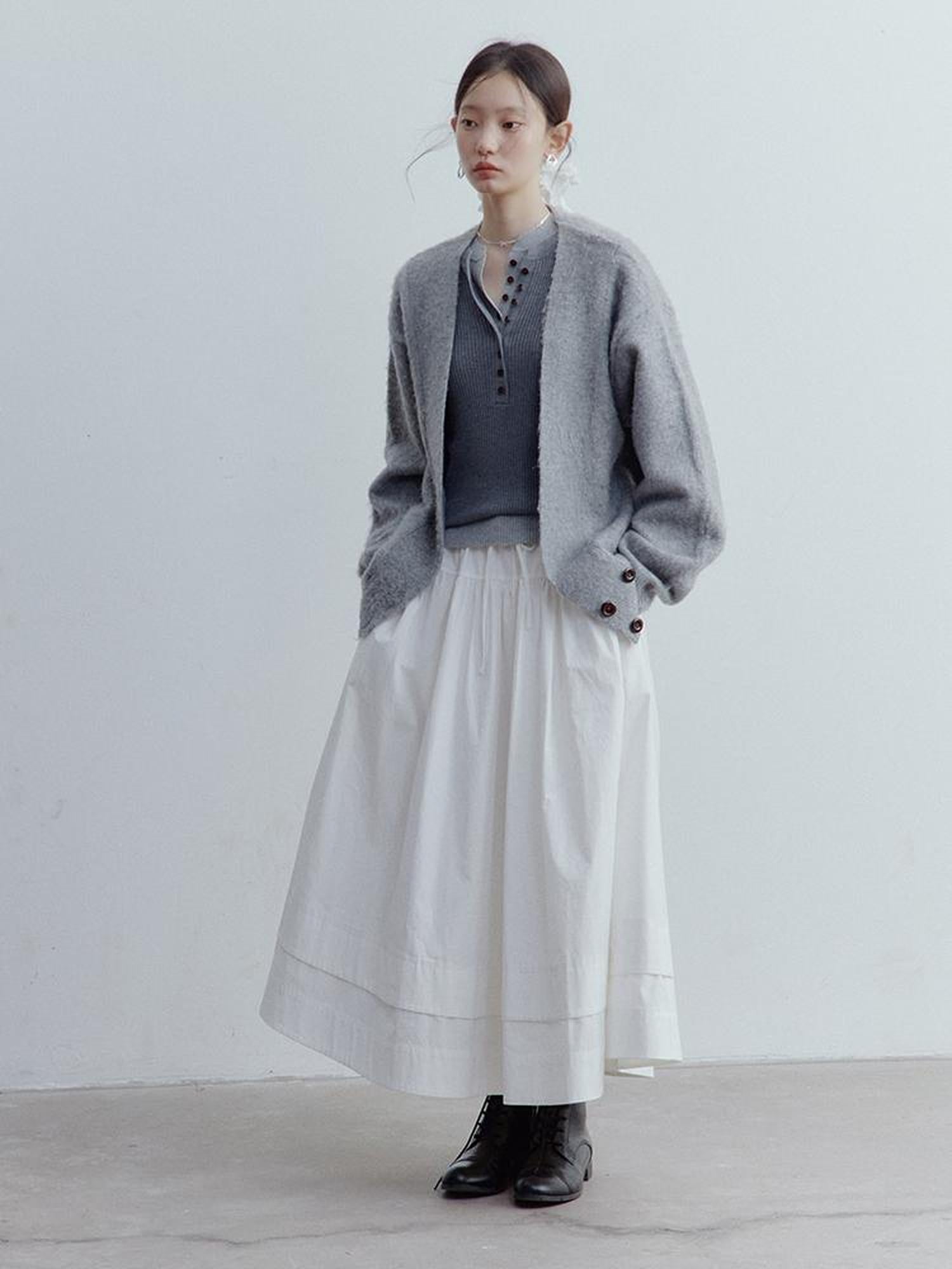 FUSSED Fussed Lazy Furry V-Neck Mohair Wool Cardigan In Misty Gray