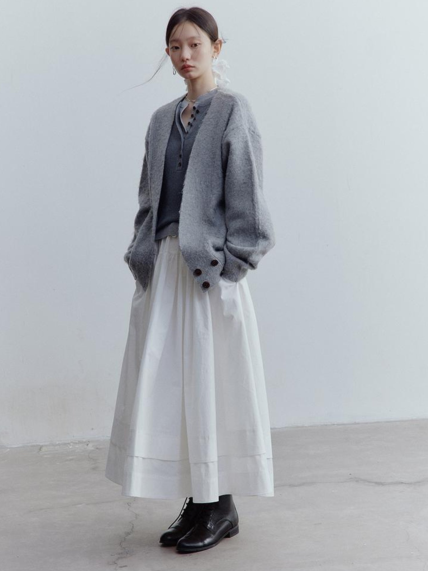 FUSSED Fussed Lazy Furry V-Neck Mohair Wool Cardigan In Misty Gray