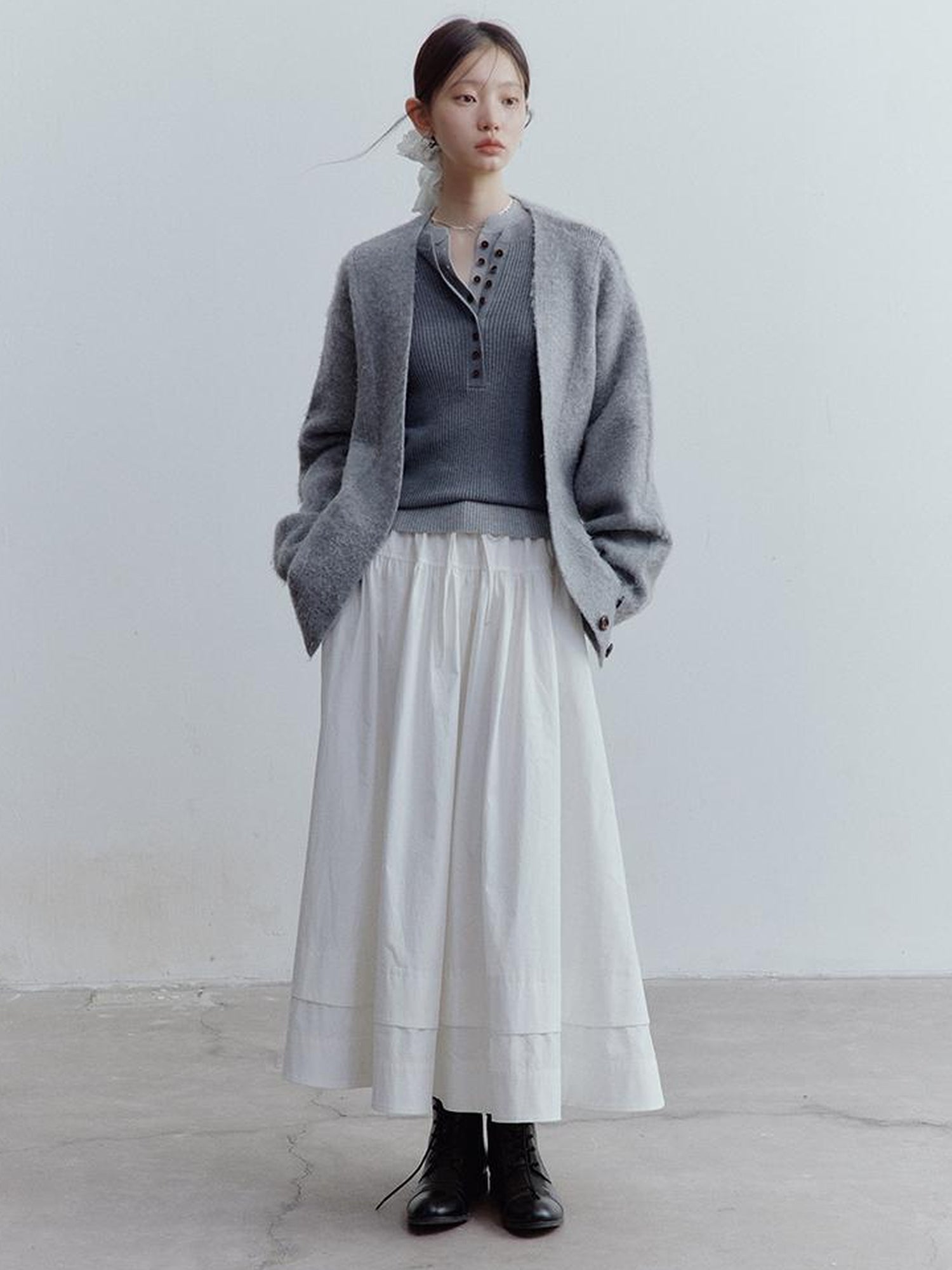 FUSSED Fussed Lazy Furry V-Neck Mohair Wool Cardigan In Misty Gray